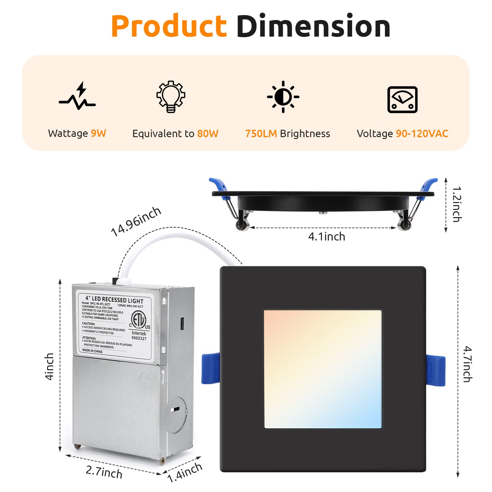 Honzin Square Led Recessed Lighting 4 Inch  5Cct Ultra Thin Led Recessed Ceiling Lights 1 Pack  Selectable 2700K/3000K/3500K/4000K/5000K  9W  Ic Rated  Dimmable Square Black Trim With Junction Box