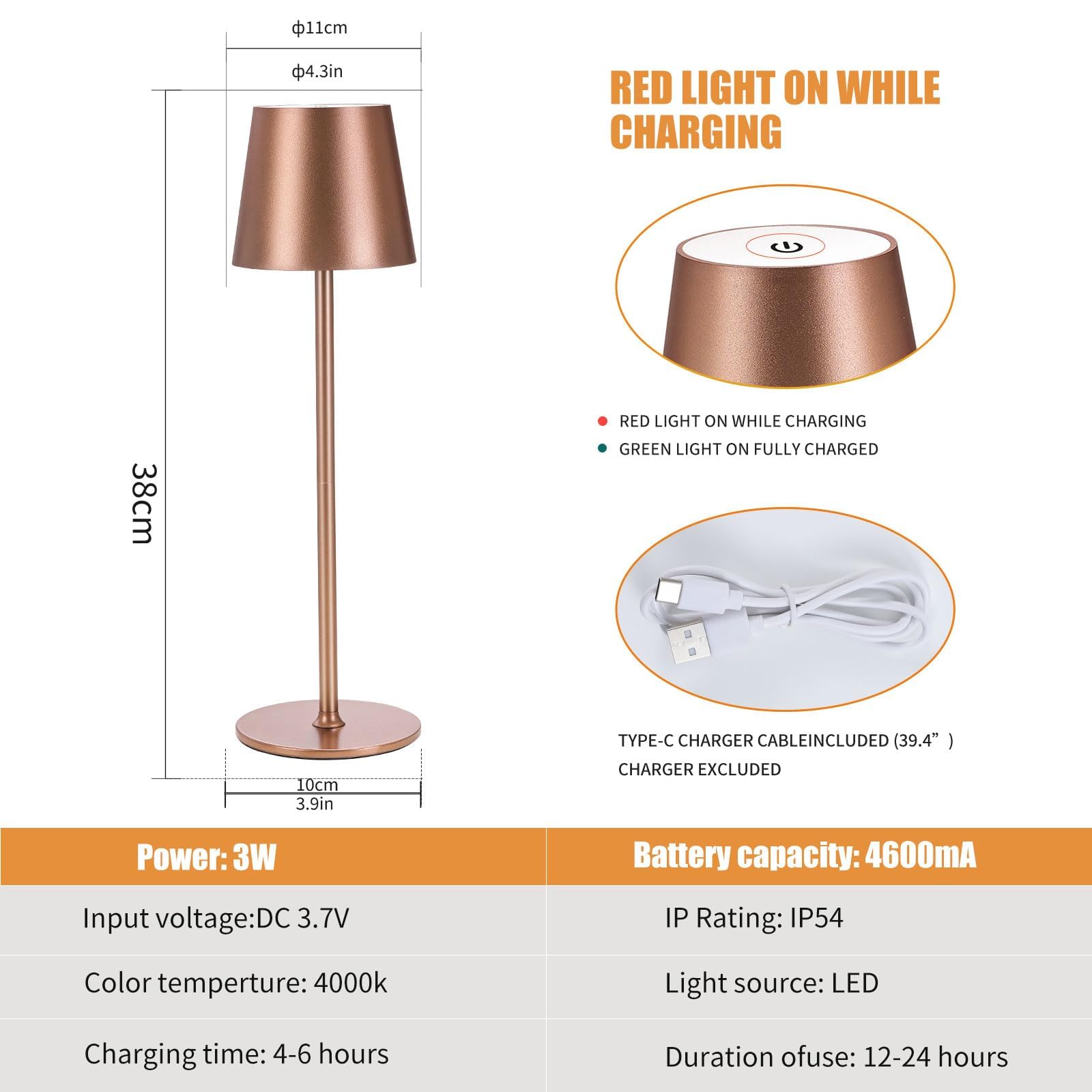 IMQSQIK Cordless Table Lamps 2Pack USB Rechargeable LED Touch Control Metal Brown Ue566-2pcsBrown