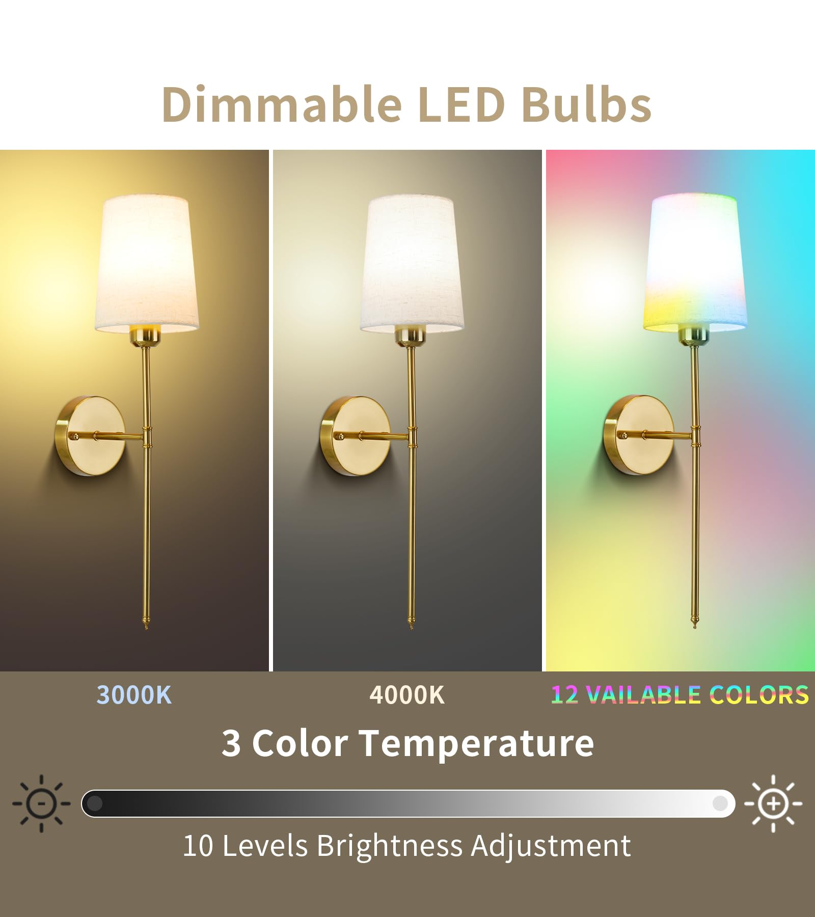 Qiandenghui Battery Operated Wall Sconce Set of 2, 12RGB Colors Light Bulb & Remote Control, Wireless Wall Light with Rechargeab