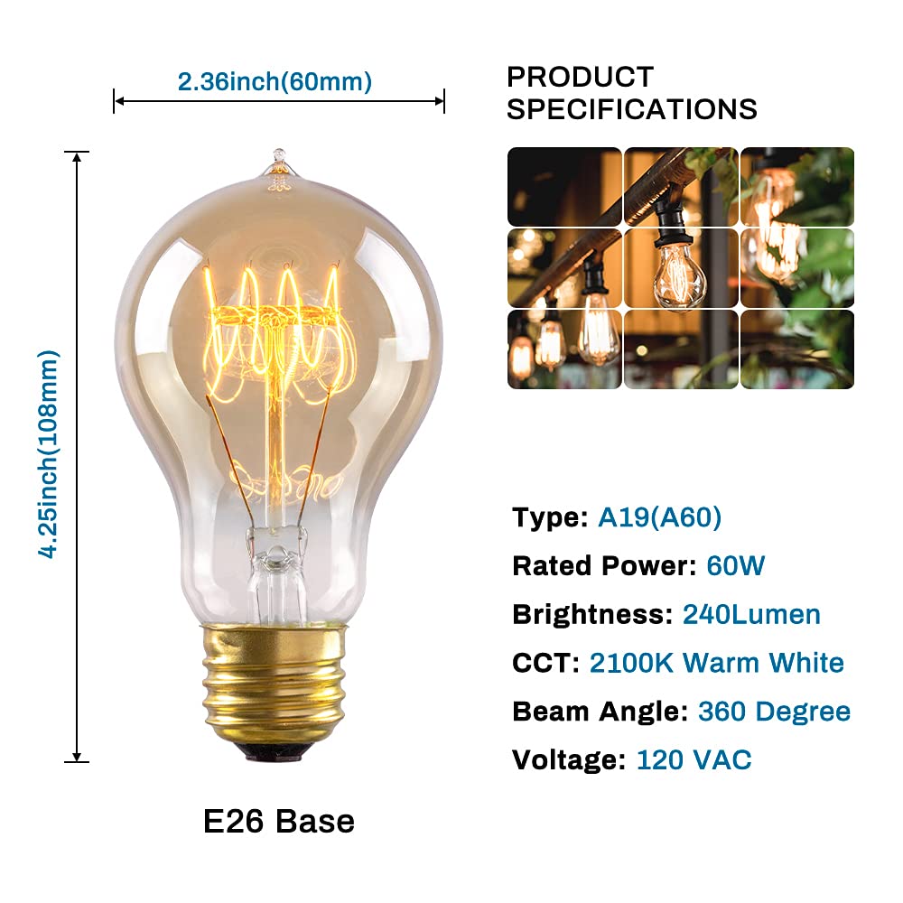 New Lights Warm Edison Light Bulbs, 60W Vintage Incandescent, Dimmable, 6 Pack, Warm White, E26 Base, Model XGYA19ED-60W-220