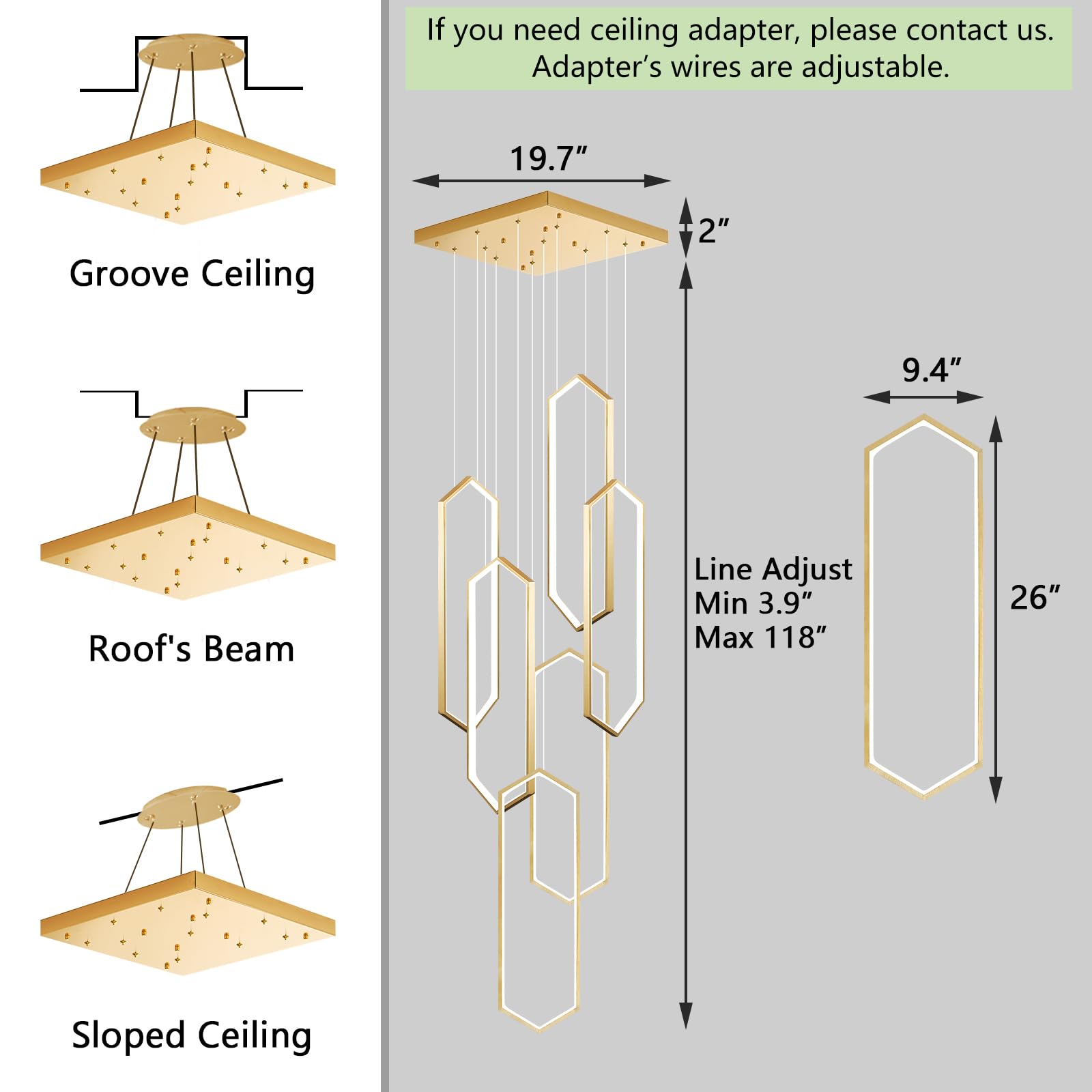 dolria 6-Rings Chandelier, Gold LED Light, Dimmable Flush Mount, 26"x9.4"x118", Modern Design for Living Room and Villa Foyer