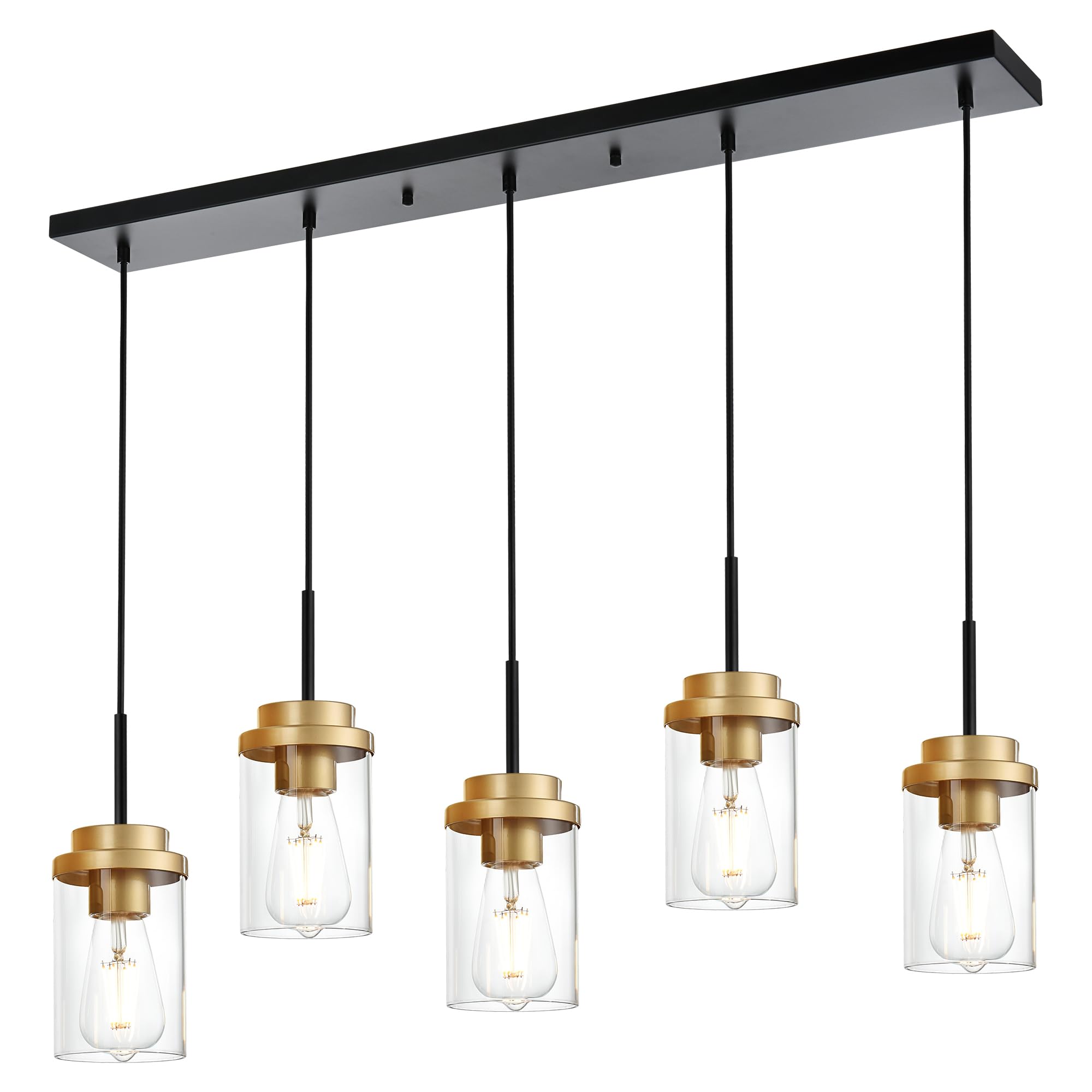 Melucee 5-Lights Adjustable Pendant Light, Black Brass, Modern Chandelier For Dining Room, 40.1 Inches, Clear Glass Shade, Model 4-4501-5D