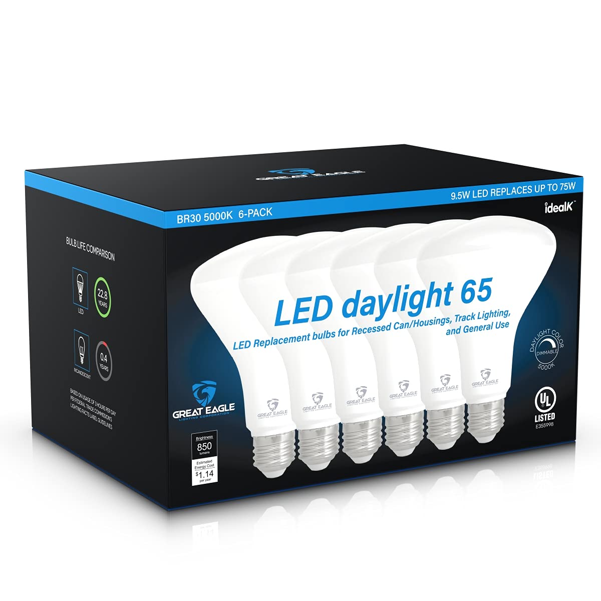 Great Eagle LED BR30 Light Bulb, Dimmable 9.5W, 850 Lumens, 5000K Daylight, High CRI 90+, Model 6B30