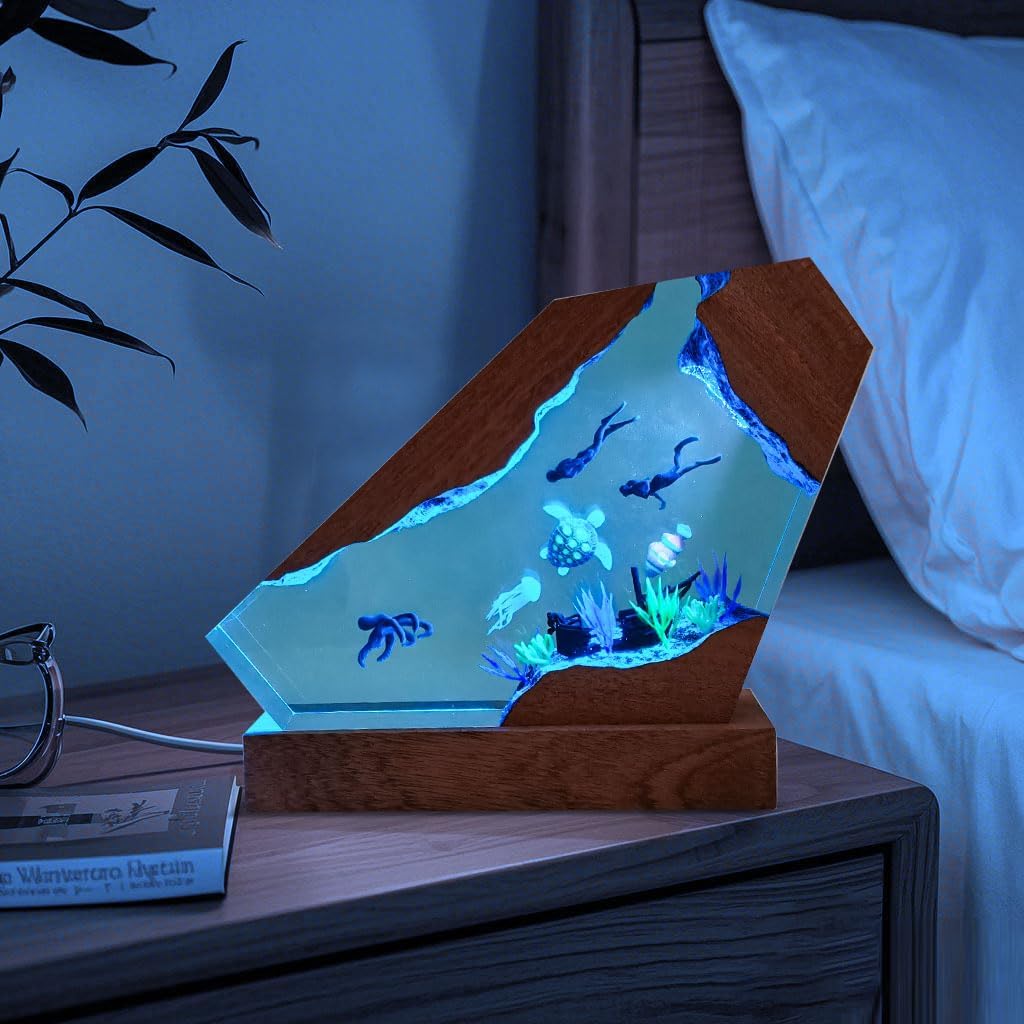 Nice Hera Octopus Ocean Resin Lamp  Handmade Wooden Table Resin Night Light  Usb Port Art Ornaments For Home Office Decor  Scuba Diver Gifts For Birthday Holiday  ValentineS Day Gifts For Husband