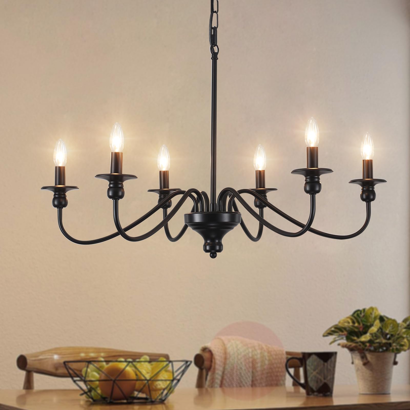 ZemSum Farmhouse Chandelier, 6 Lights Black Vintage Chandelier Light Fixture Ceiling Hanging, Rustic Candle Chandeliers for Dini