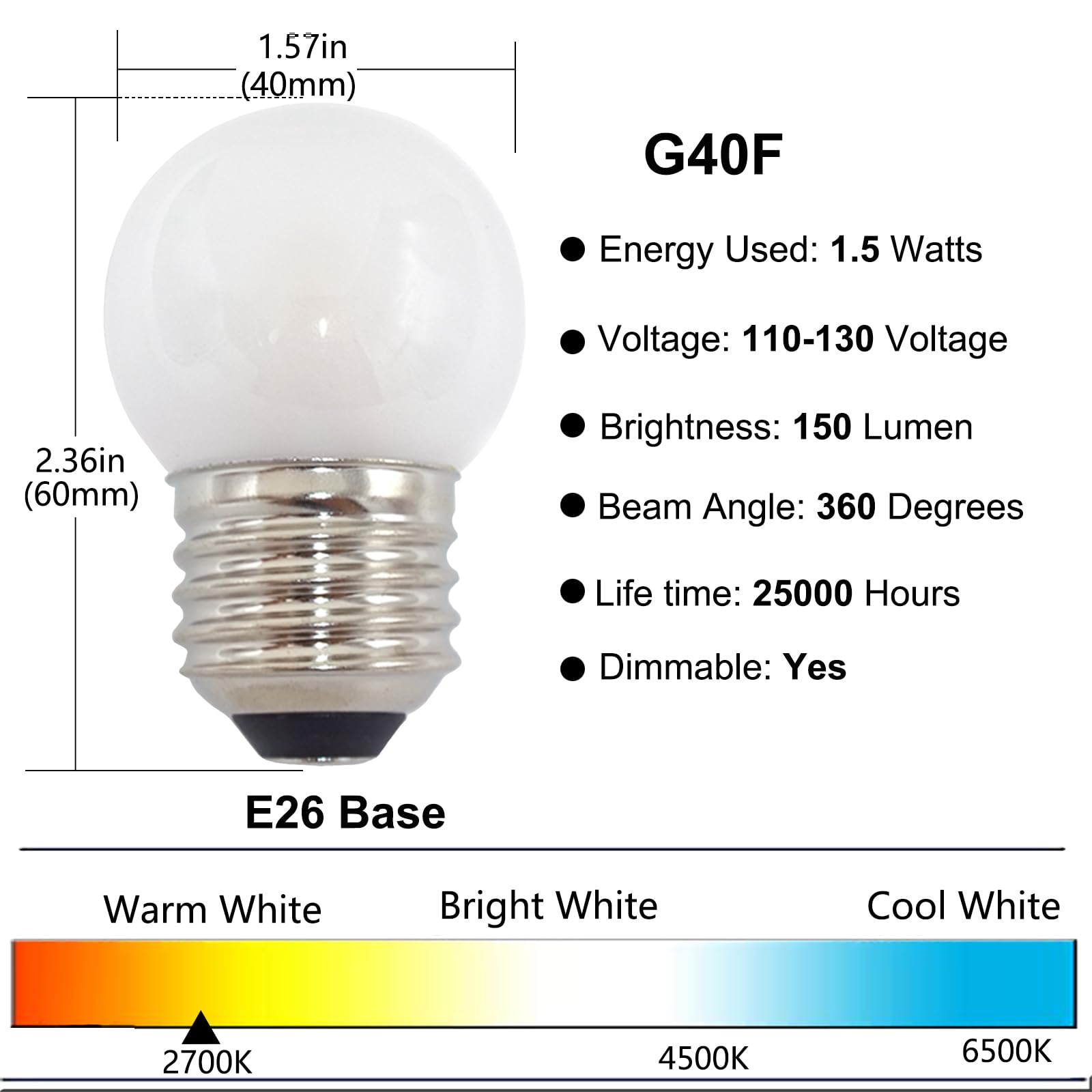 G40 1.5 Watt Low Wattage Led Bulb 15 Watt Equivalent,Standard E26 Base G14 Low Power Frosted Small Light Bulbs For Vanity Ceilin