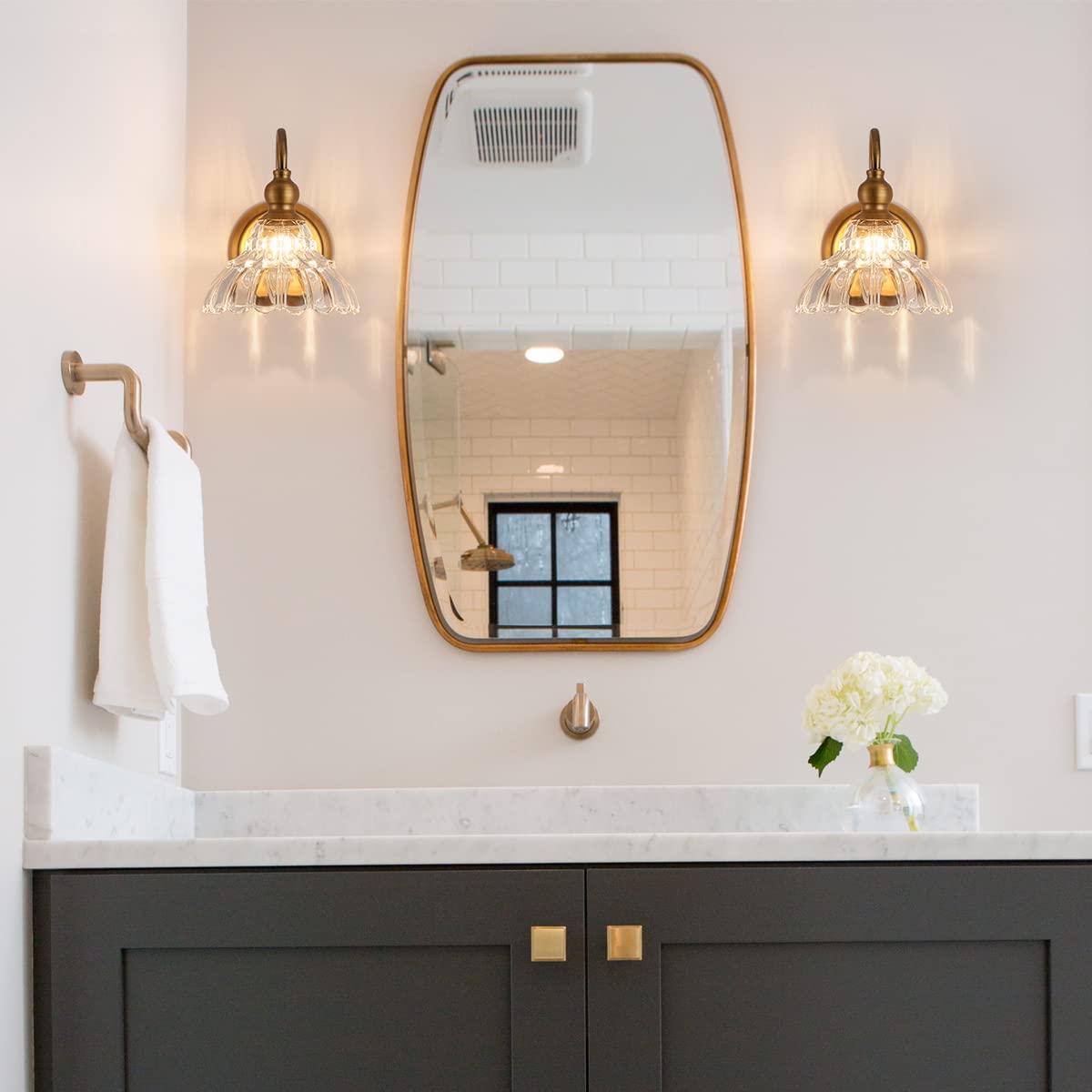Tlolgt Vintage Bronze Wall Sconce Gold Wall Light Made Of Electroplated Copper Body And Pressed Patterned Glass Retro Vanity Light For Bedroom, Bathroom, Doorway, Foyer, Hallway Light