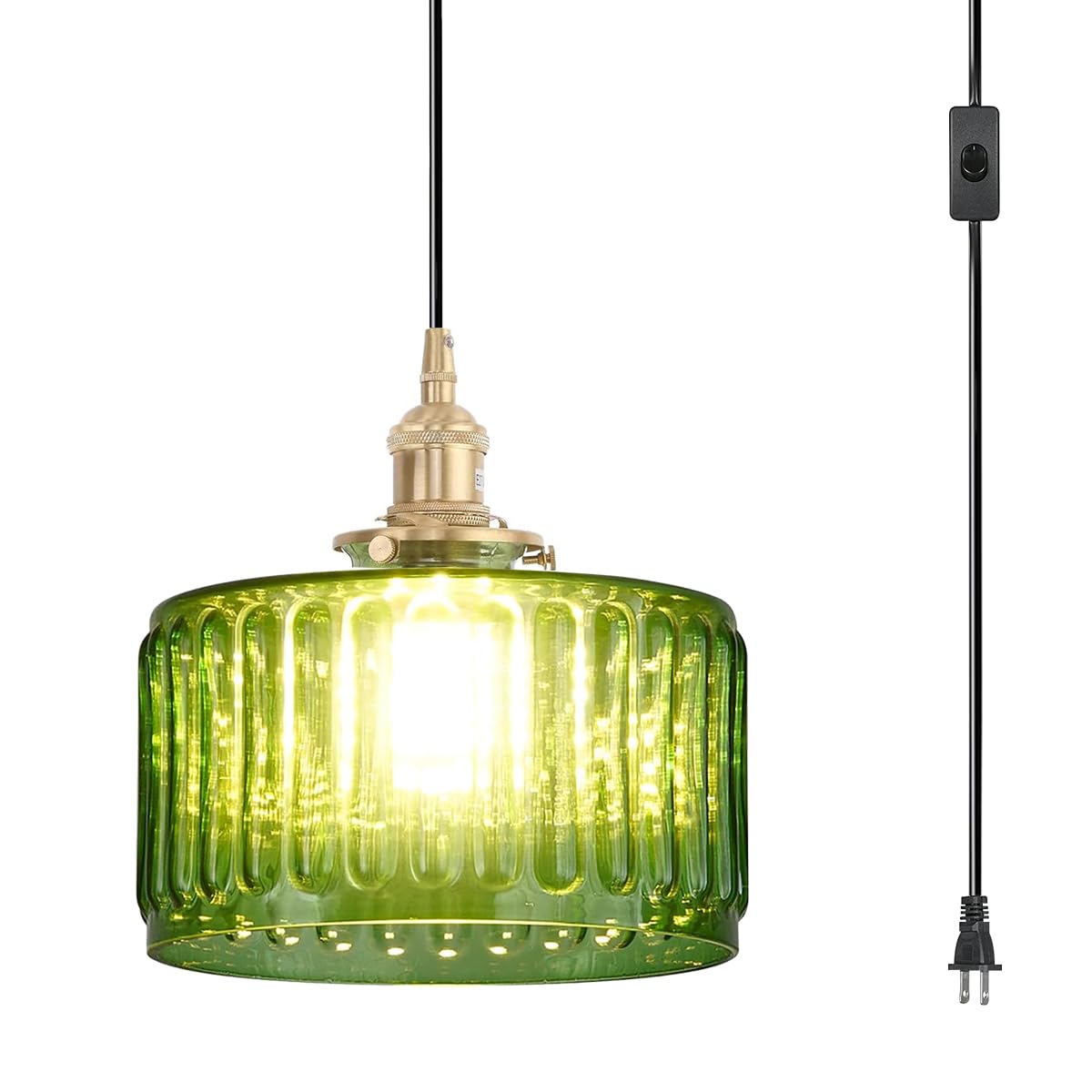 Qufute Plug in Pendant Light Green Glass Pendant Lamp Striped Glass Shade Vintage Plug in Ceiling Hanging Lamp 1-Light with Plug