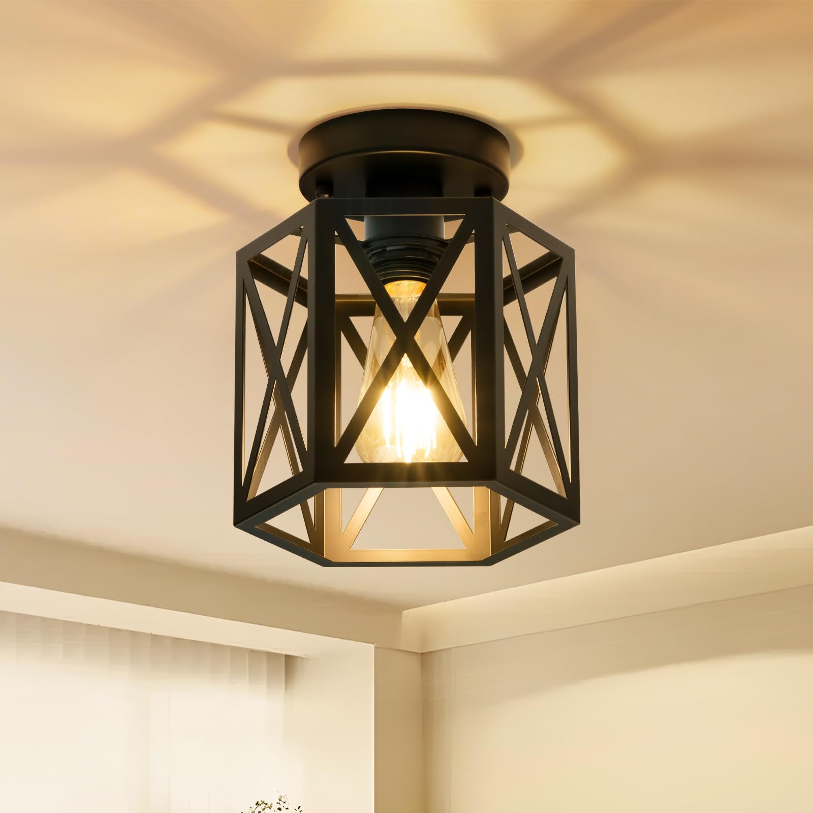 Oteedo Modern Semi Flush Mount Ceiling Light 1-Light Hexagon Flush Mount Ceiling Lights For Dining Room Light Fixture Farmhouse Black Metal Kitchen Island Lighting Fixtures For Hallway Bathroom