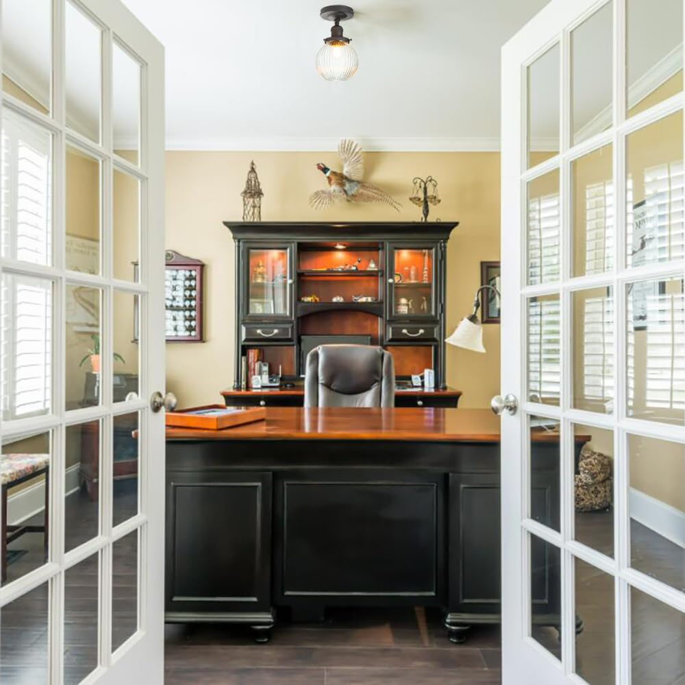 Permo Industrial Flush Mount Ceiling Light 1-Light Pendant Ceiling Light With Ribbed Globe Glass Lampshade For Hallway, Brass Fi