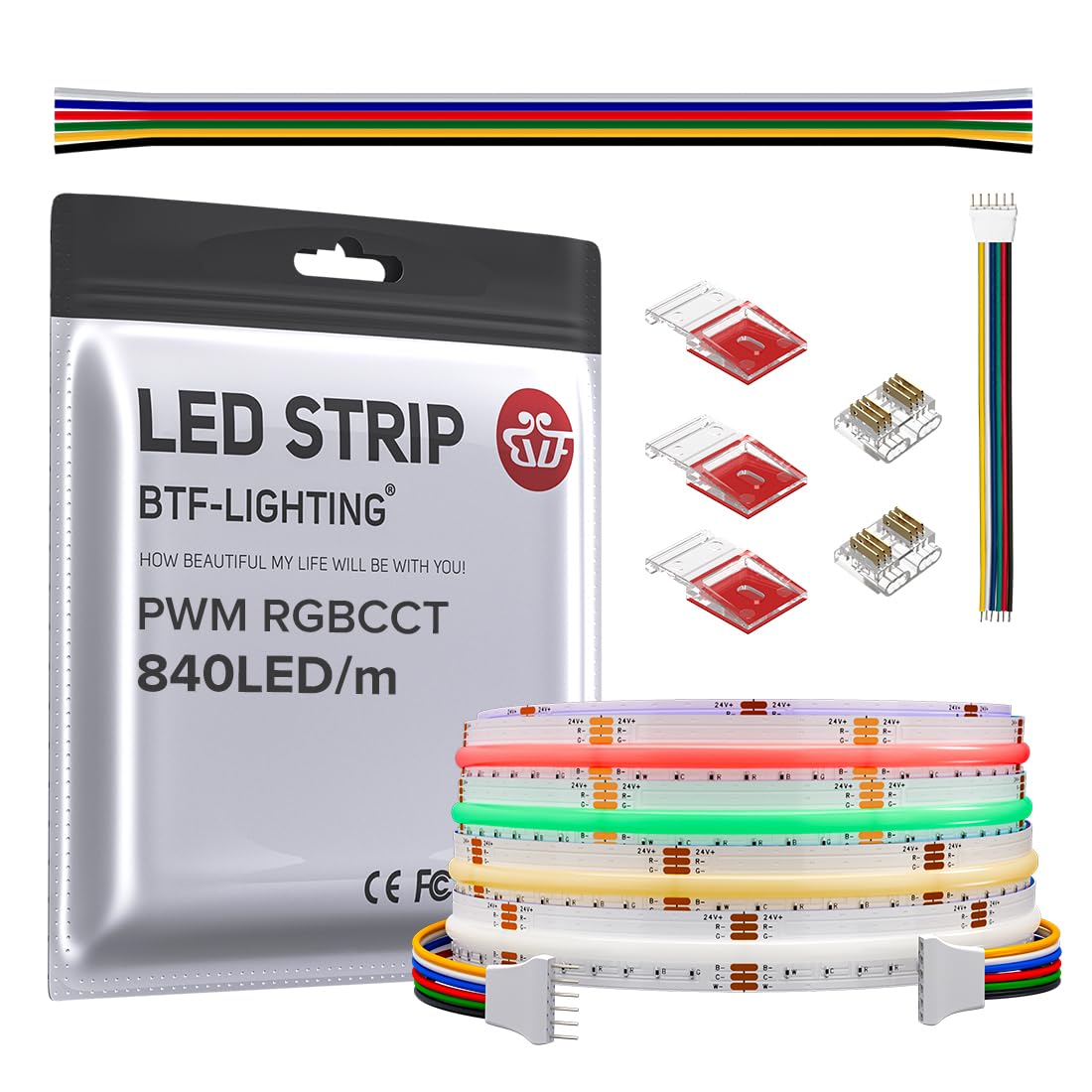 BTF-LIGHTING FCOB COB LED Strip RGBCCT Color Changing 9.8FT 840LED/m Flexible High Density Light RGB+CCT Tunable 3000K-6000K DC2