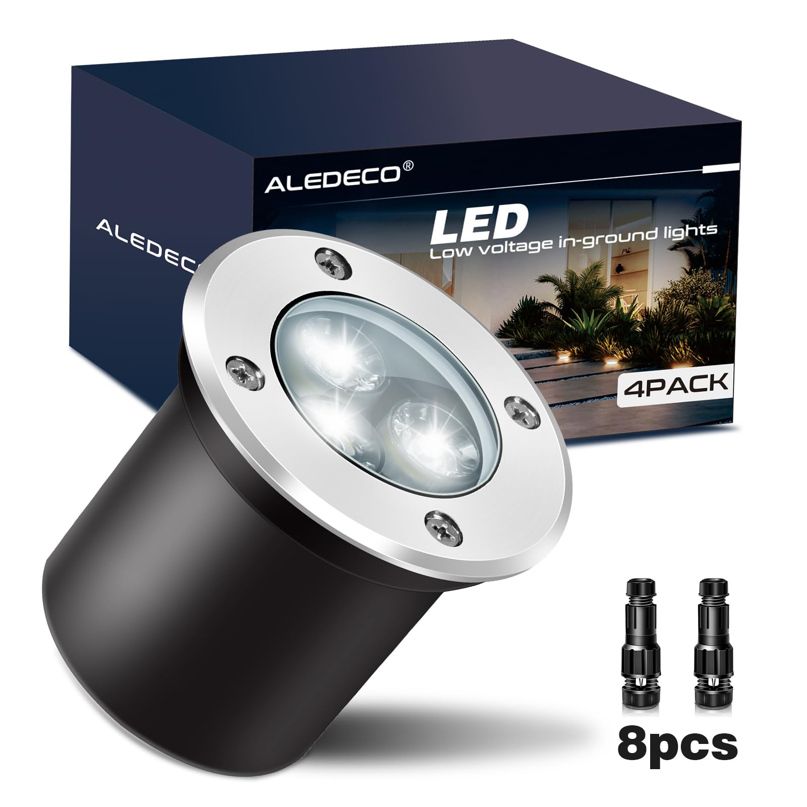 ALEDECO 4Pack Low Voltage Landscape Lights with Connectors - 12-24V LED In-Ground Lights IP67 Waterproof Garden Lighting for Yar