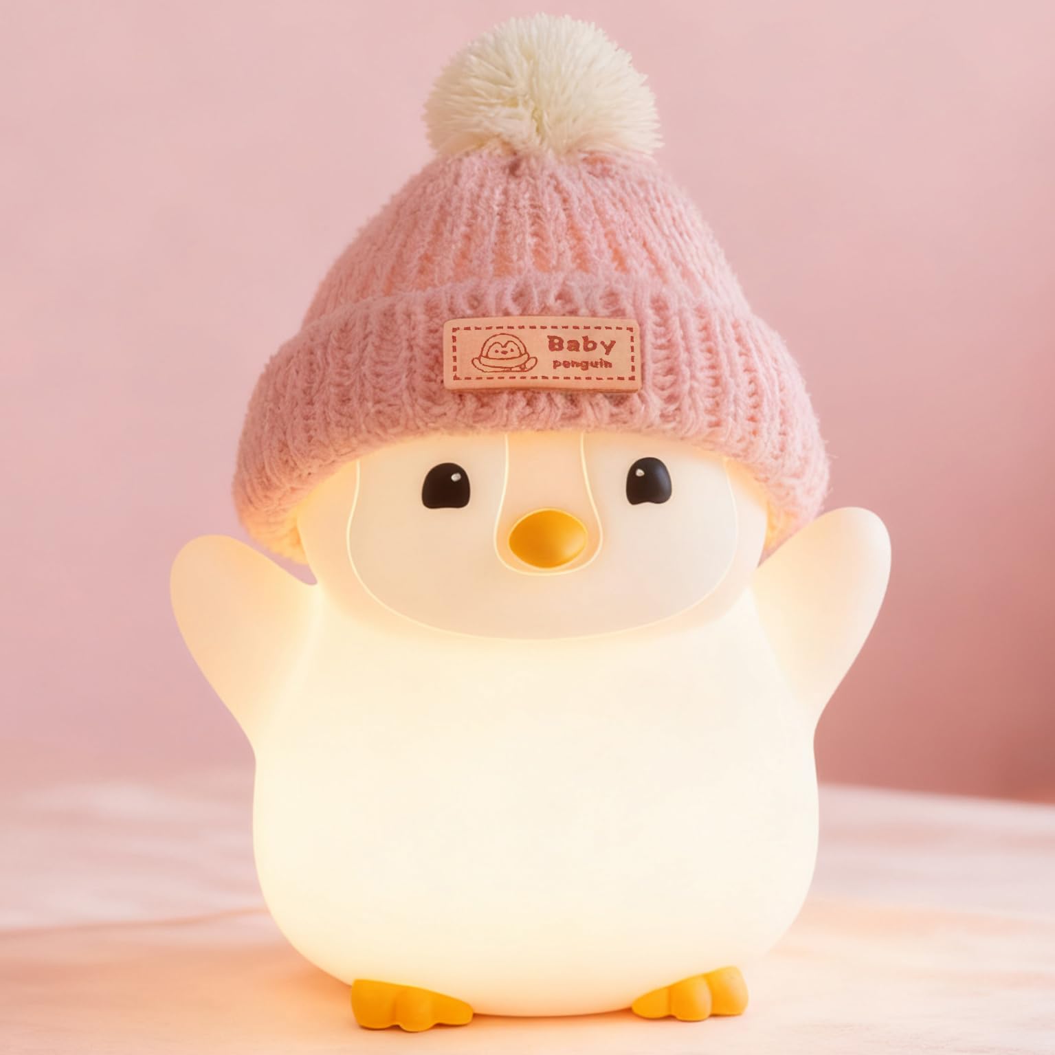 Famiduo Penguin Night Light  Cute Pink Penguin Lamp With Knit Hat  Soft Silicone Nursery Nightlight For Baby  Rechargeable/Dimmable/Timer Led Squishy Novelty Animal Bedside Lamp Funny Gifts For Kids