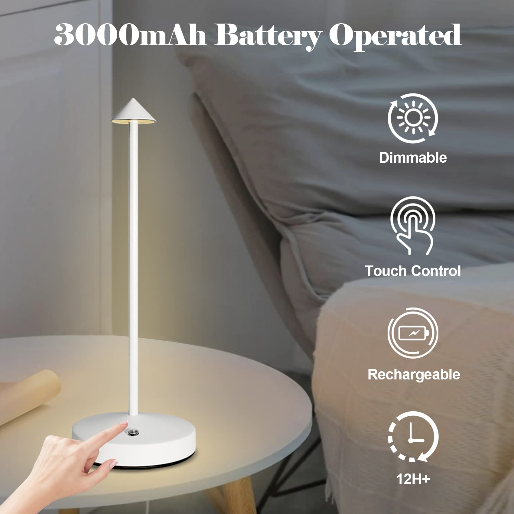 Cordless Table Lamps Rechargeable,White Battery Operated Table Lamp In Aluminum,Portable Led Touch 2 Levels Brightness Dimmable
