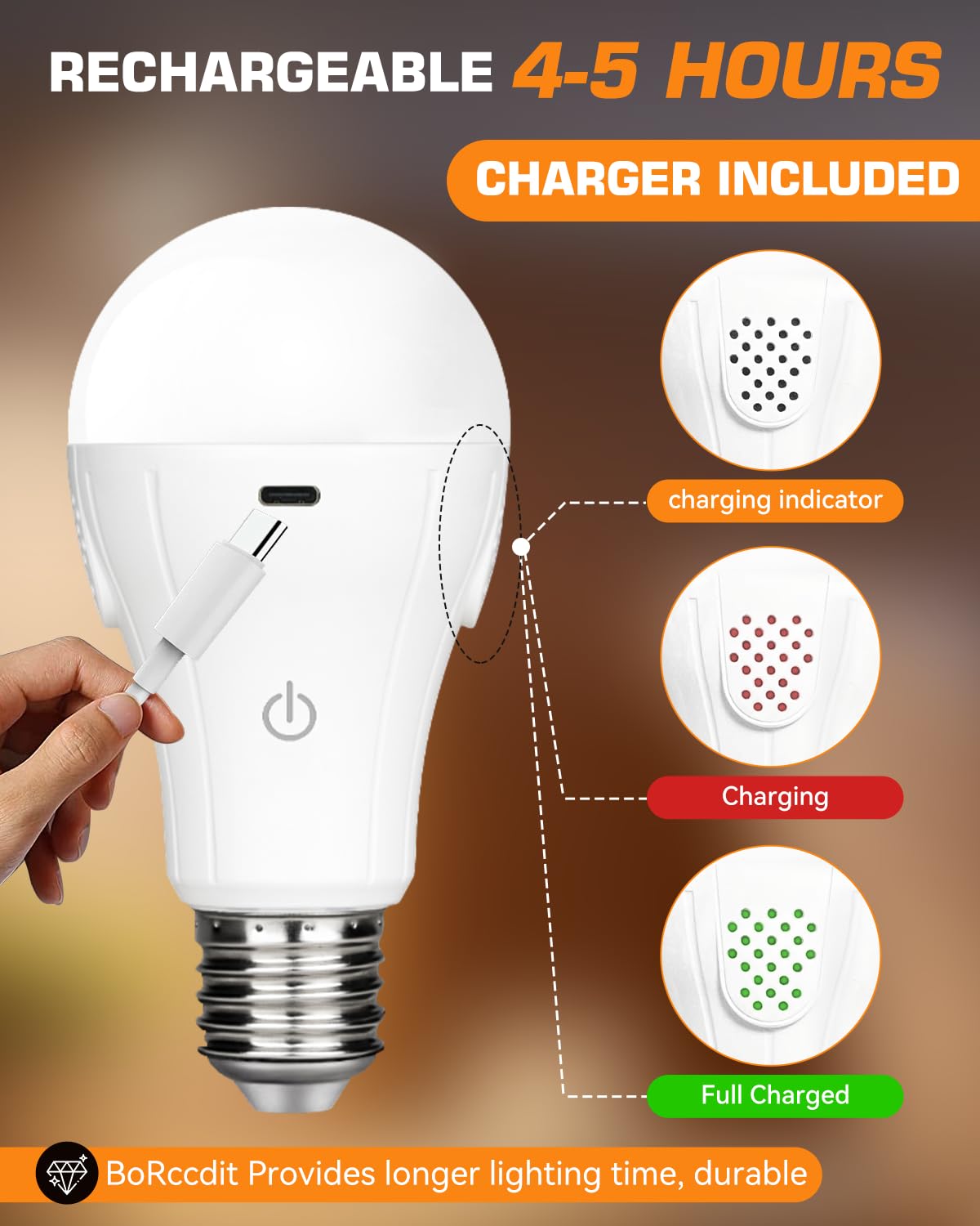 BoRccdit CordlessGlow Rechargeable Light Bulbs, 2-Pack, Dimmable, Remote, 3 Colors, ABS, White, A19 Model