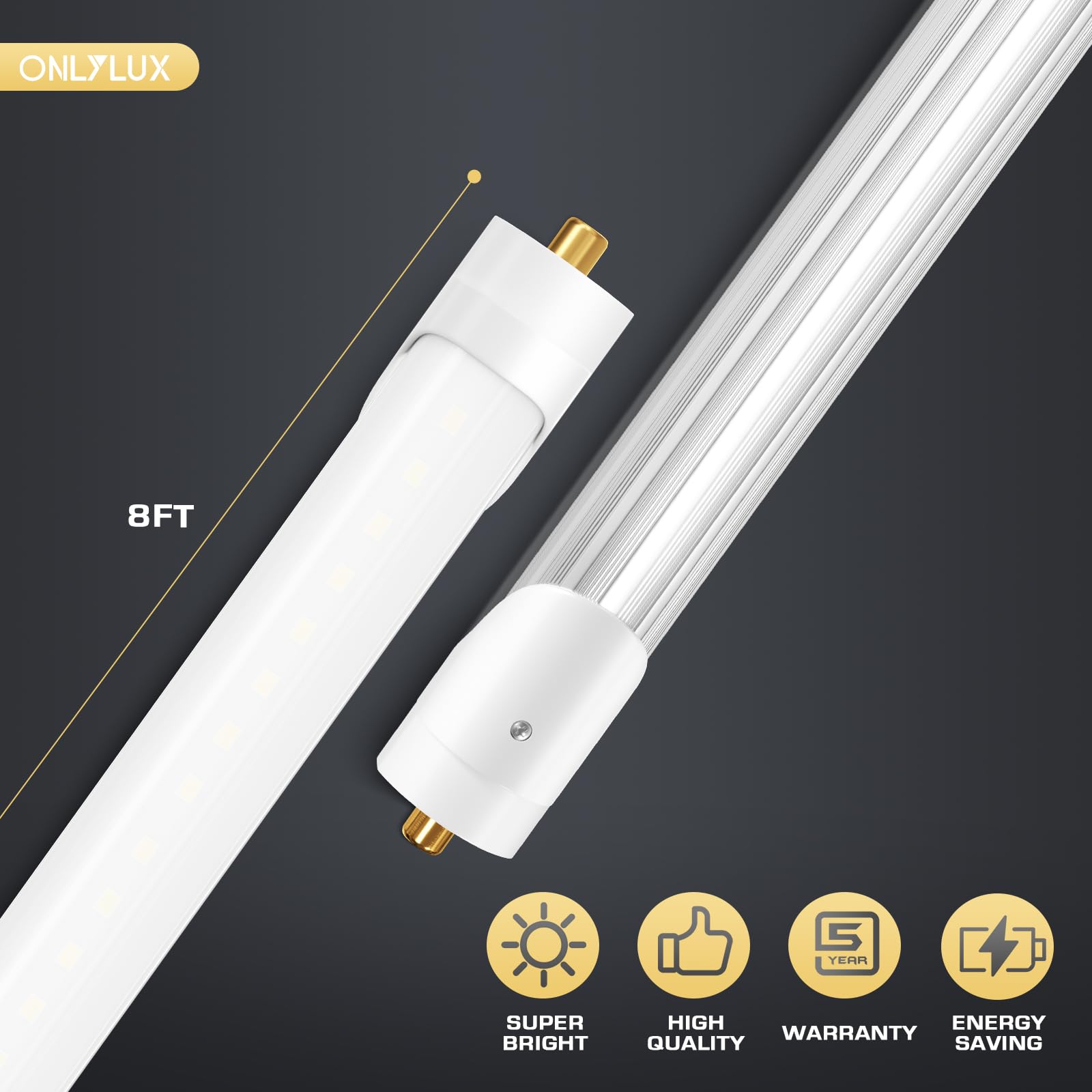 ONLYLUX 8ft LED Tube Light, 10 Pack, 6500K Daylight, Milky Cover, F96T8/F96T12 Replacement, 100W Fluorescent
