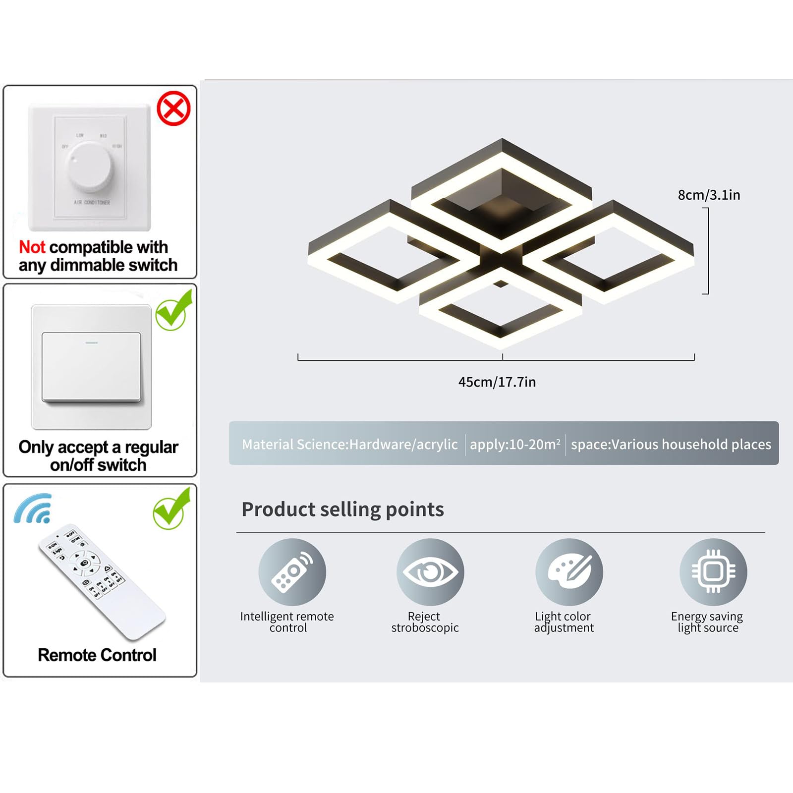 GEADI 52W Dimmable LED Ceiling Light, Modern 4-Square Flush Mount Chandelier, Black, 17.7in, Aluminum, Model 9098FM-4BWJ