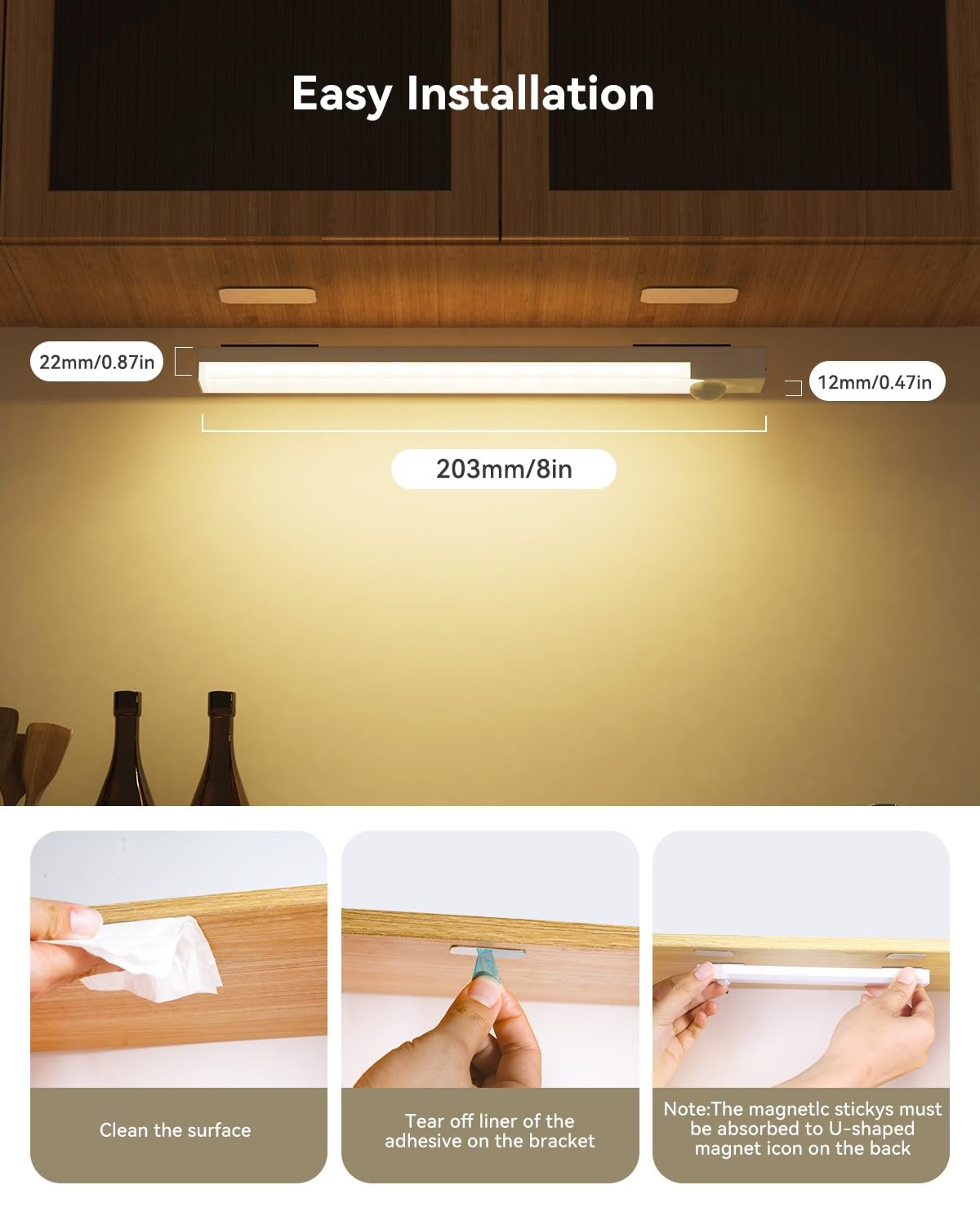 Rihvy Under Cabinet Lighting - 8" Rechargeable Motion Sensor LED Light, Dimmable, Battery Operated, White, 3 Pack