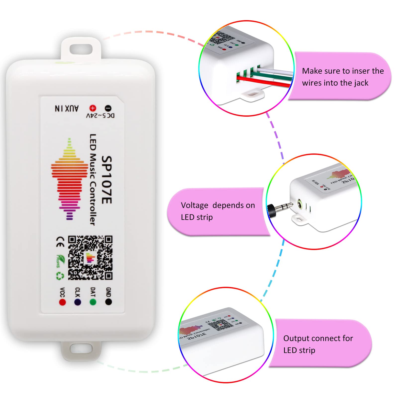 RECRE-TECH Ws2812b LED Controller, Bluetooth Control, 5-24V, SP107E, White, Metal