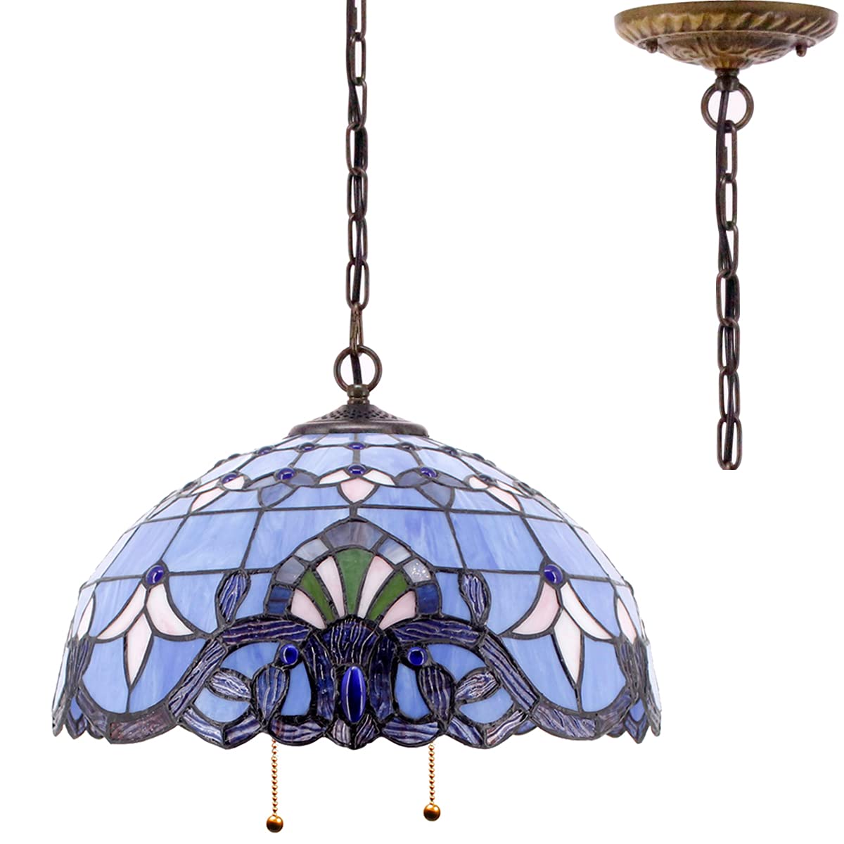 WERFACTORY Tiffany Pendant Lamp Blue Purple Stained Glass 16 Inch Wide 40 Inch Height S003C Series