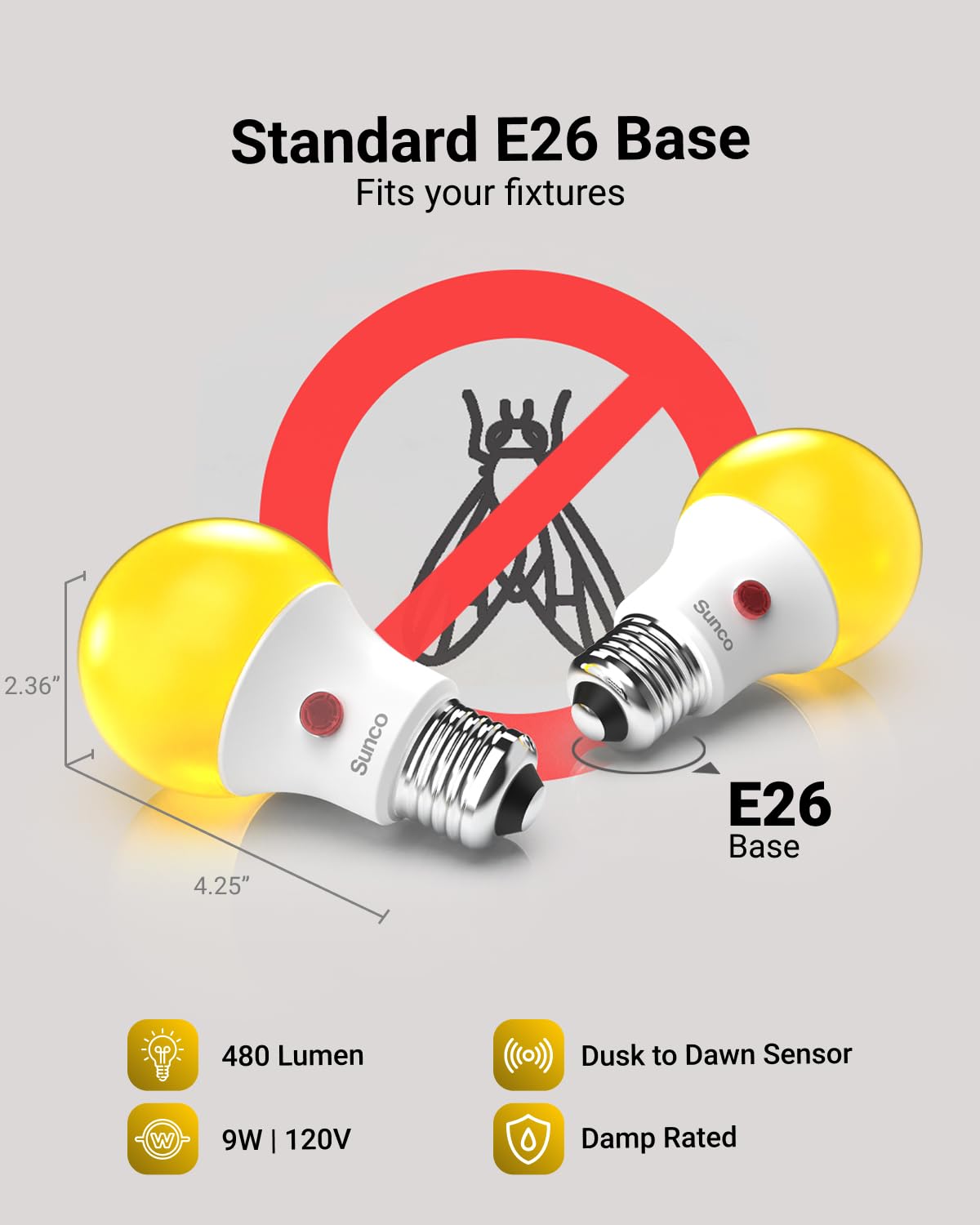 Sunco 6 Pack Led Bug Light Bulbs Outdoor A19 Yellow Dusk To Dawn Bug Light For Porch 9W, Auto On/Off, Photocell Sensor, 2000K Amber Glow, E26 Base, Patio, Deck Backyard Ul Listed