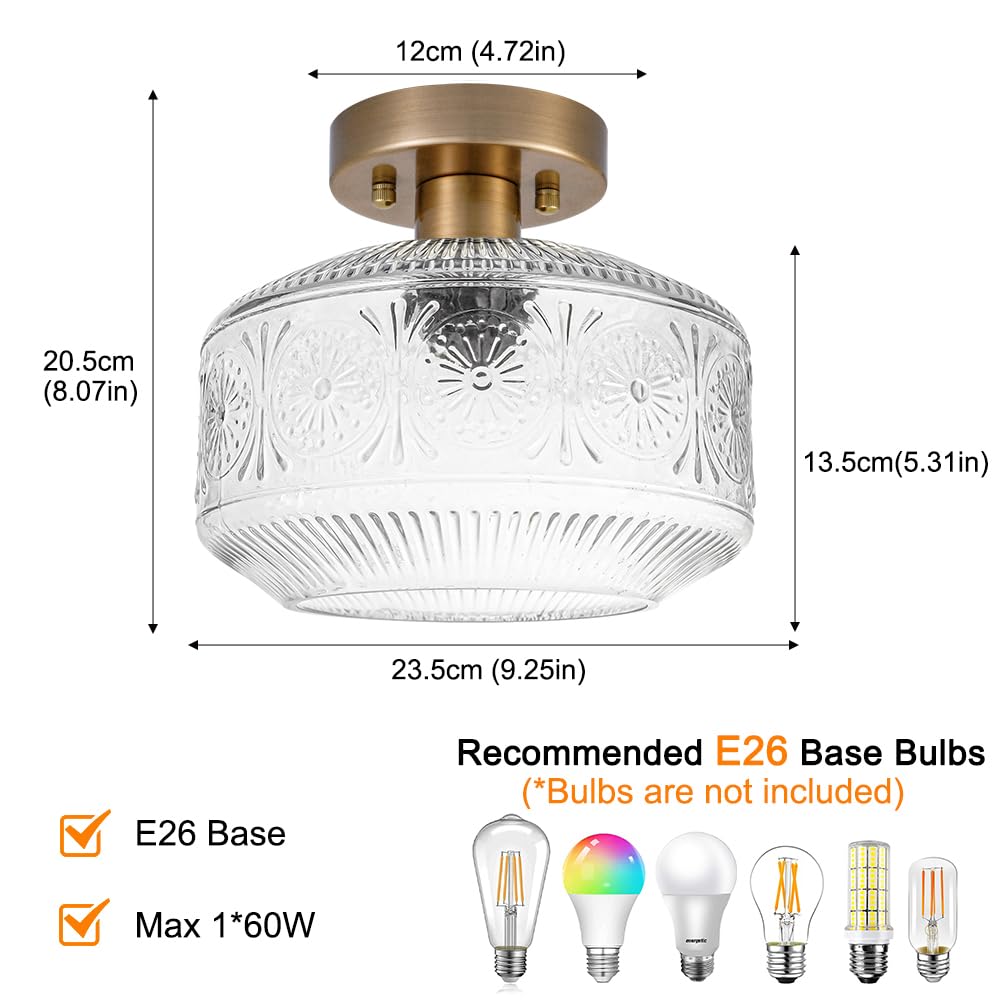 DSMJFU Semi Flush Mount Ceiling Light, Vintage Brass Light Fixture, Thickened Glass, Model DX23013C1N, Gold, for Entry Way, Bedroom, Bathroom