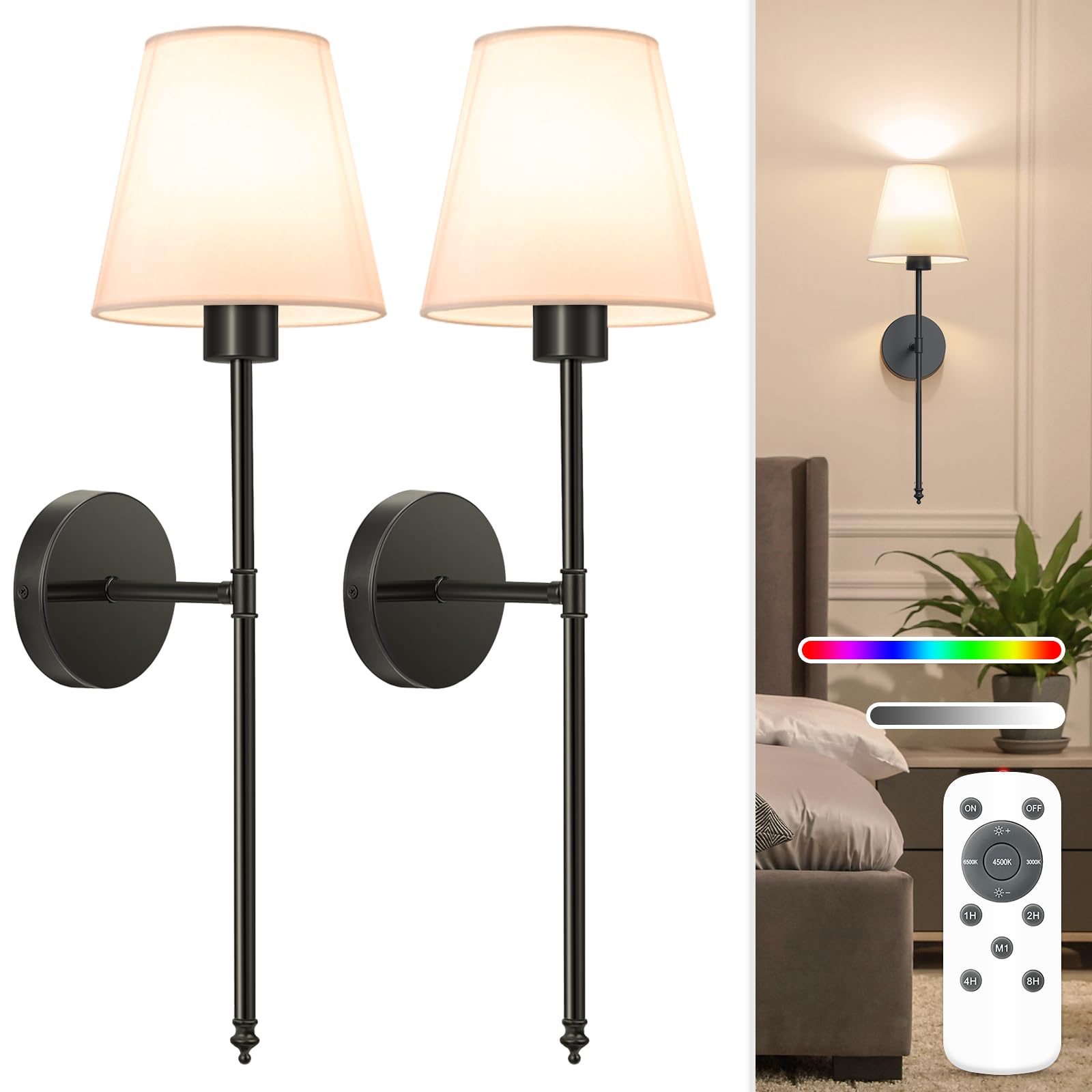 NIORSUN Wall Sconce Set of 2, Black Rechargeable Lights with 5200mAh Bulbs, Dimmable, Remote, 24 inch, Model SW013