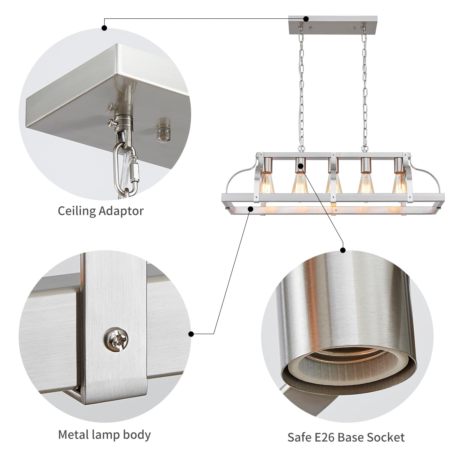 Wuzups 5-Light Metal Chandelier Linear Pendant Ceiling Lighting Rustic Farmhouse Fixture Kitchen Island Dining Room, H 8.5'' L 3