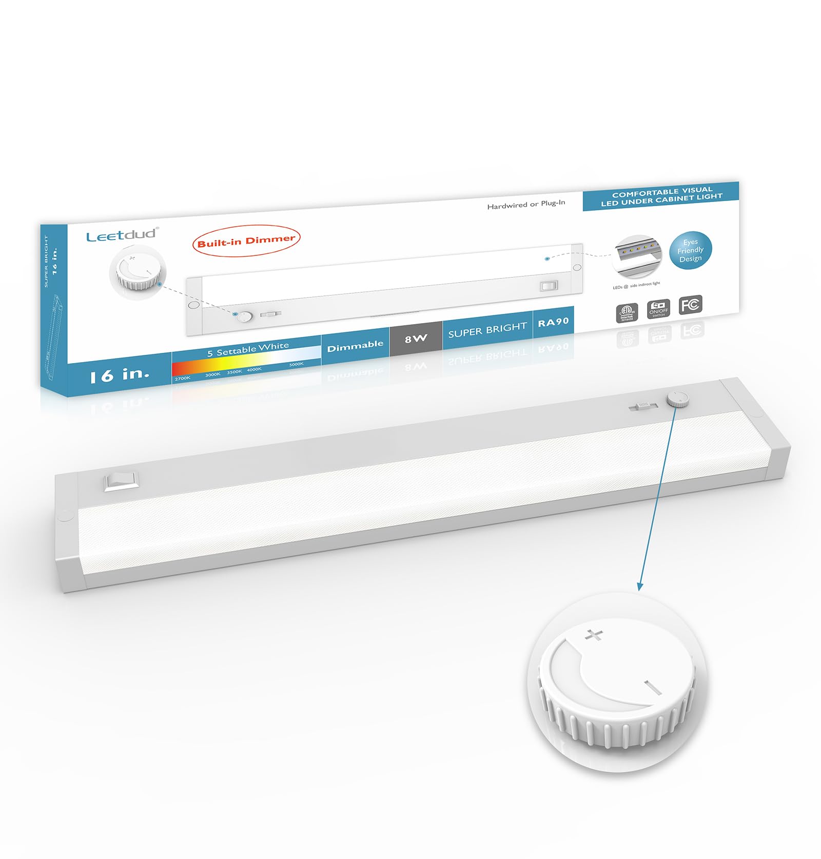 Leetdud LED Under Cabinet Lighting Built-in Dimmer Plug in or Hardwired,16 Inch 8W Dimmable 5 Color 2700K/3000K/3500K/4000K/5000