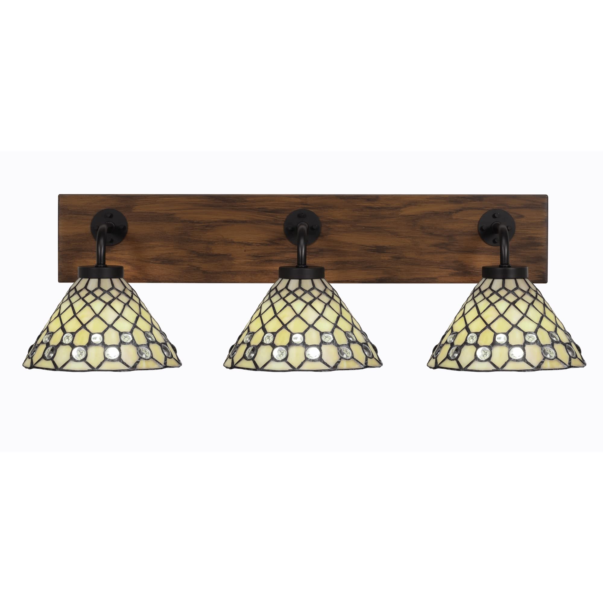 Oxbridge 3 Light Bath Bar In Matte Black & Painted Wood-Look Metal Finish With 7" Starlight Art Glass