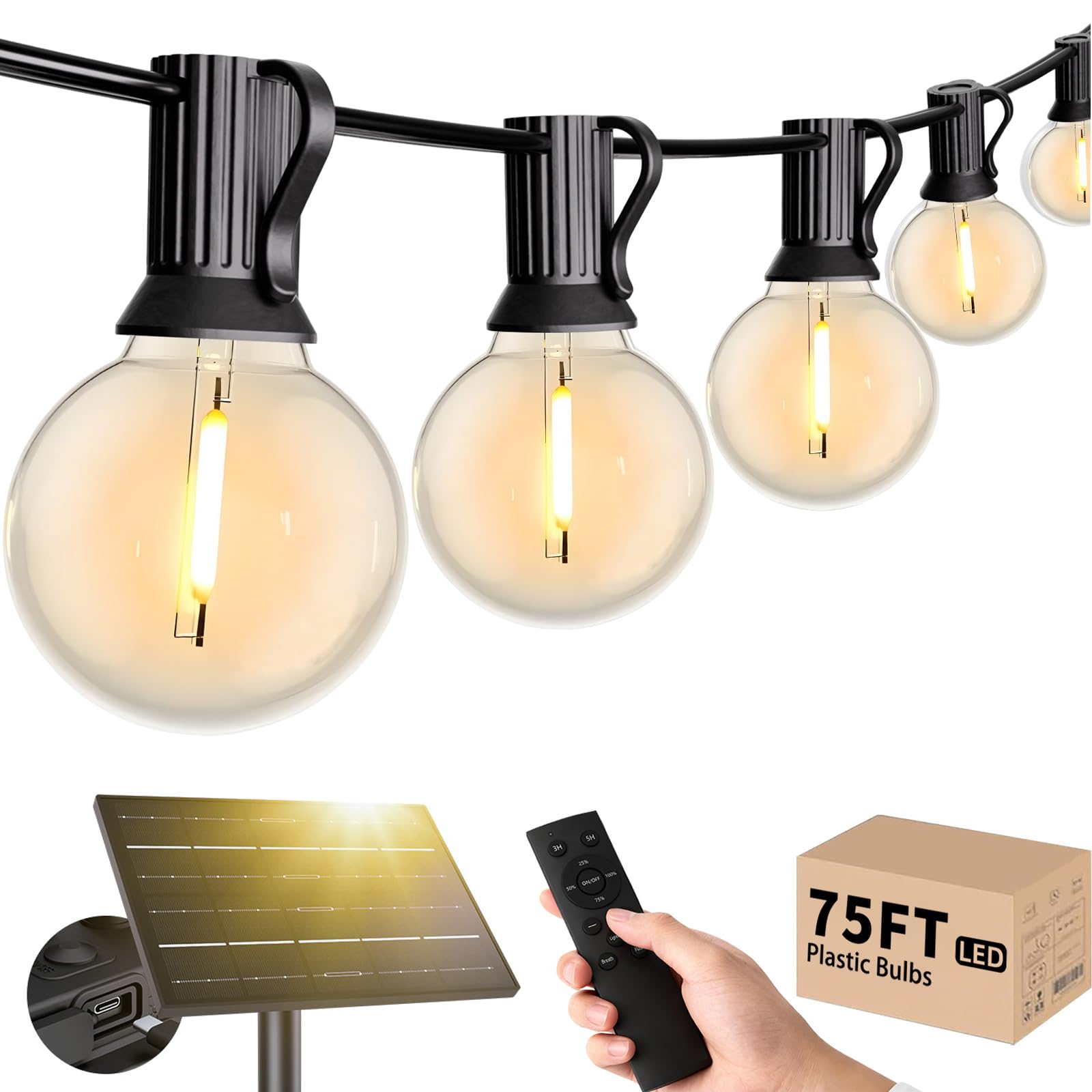 Svater Solar Outdoor String Lights 75 FT, G40 Patio Lights Shatterproof Dimmable Vintage Edison Bulbs, Solar Powered Weatherproo