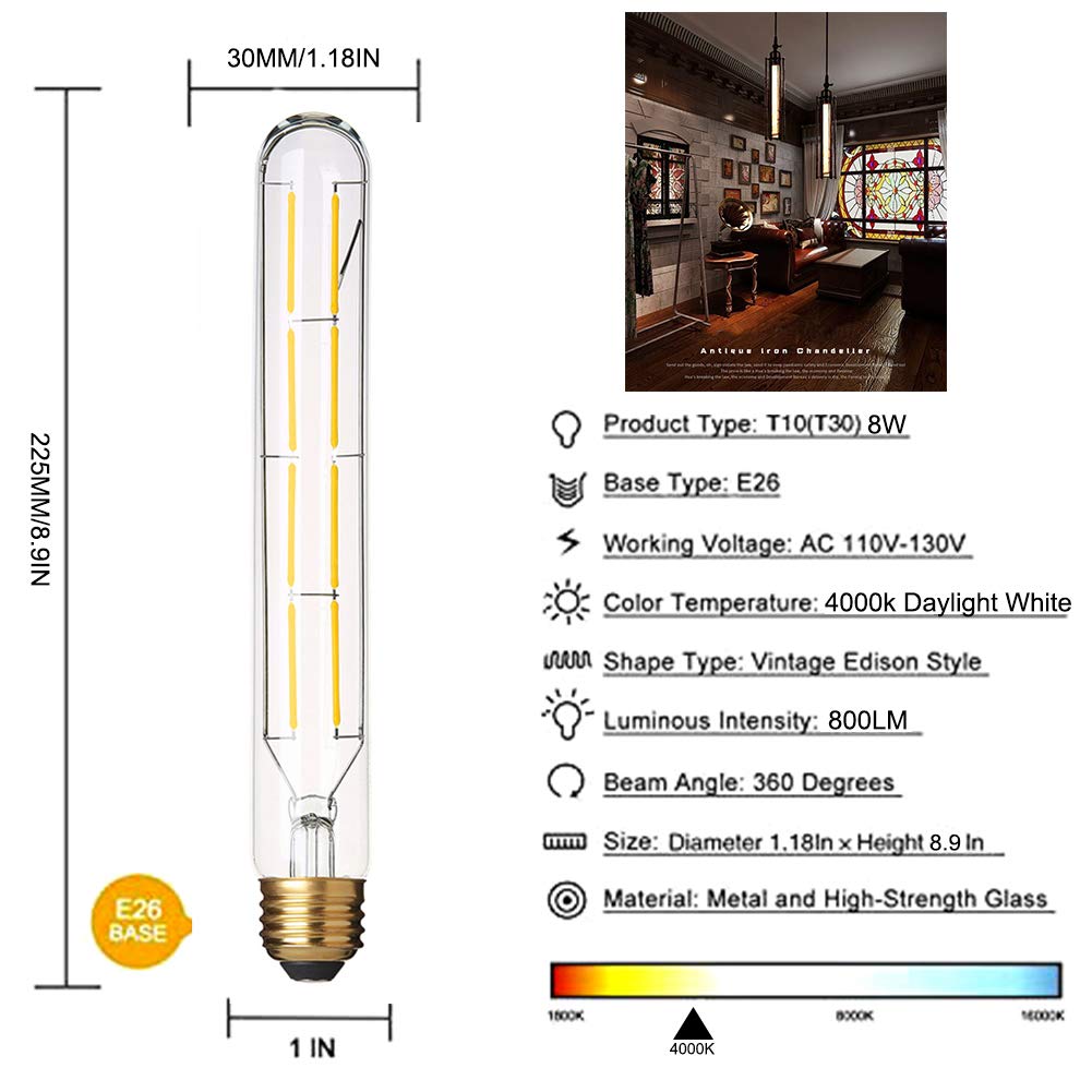 YFXRLIGHT Dimmable T10 Edison Bulb, 8W Vintage Filament, 4000K Daylight White, E26 Base, 8.9inch, Pack of