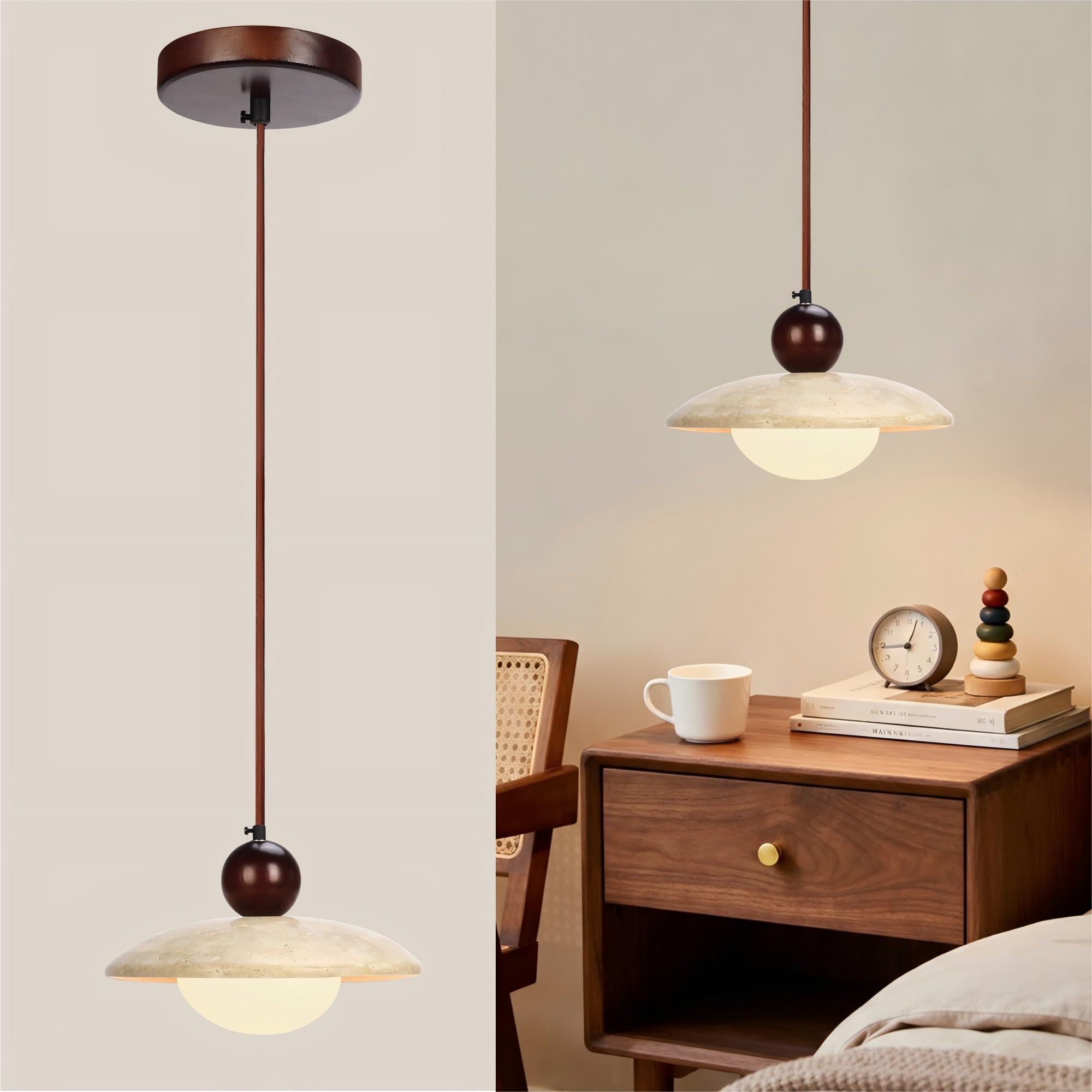 Wabi Sabi Pendant Light,Yellow Travertine Japandi Japanese Minimalist Stone Light Fixture,Adjustable Nordic Hanging Lamp for Kit
