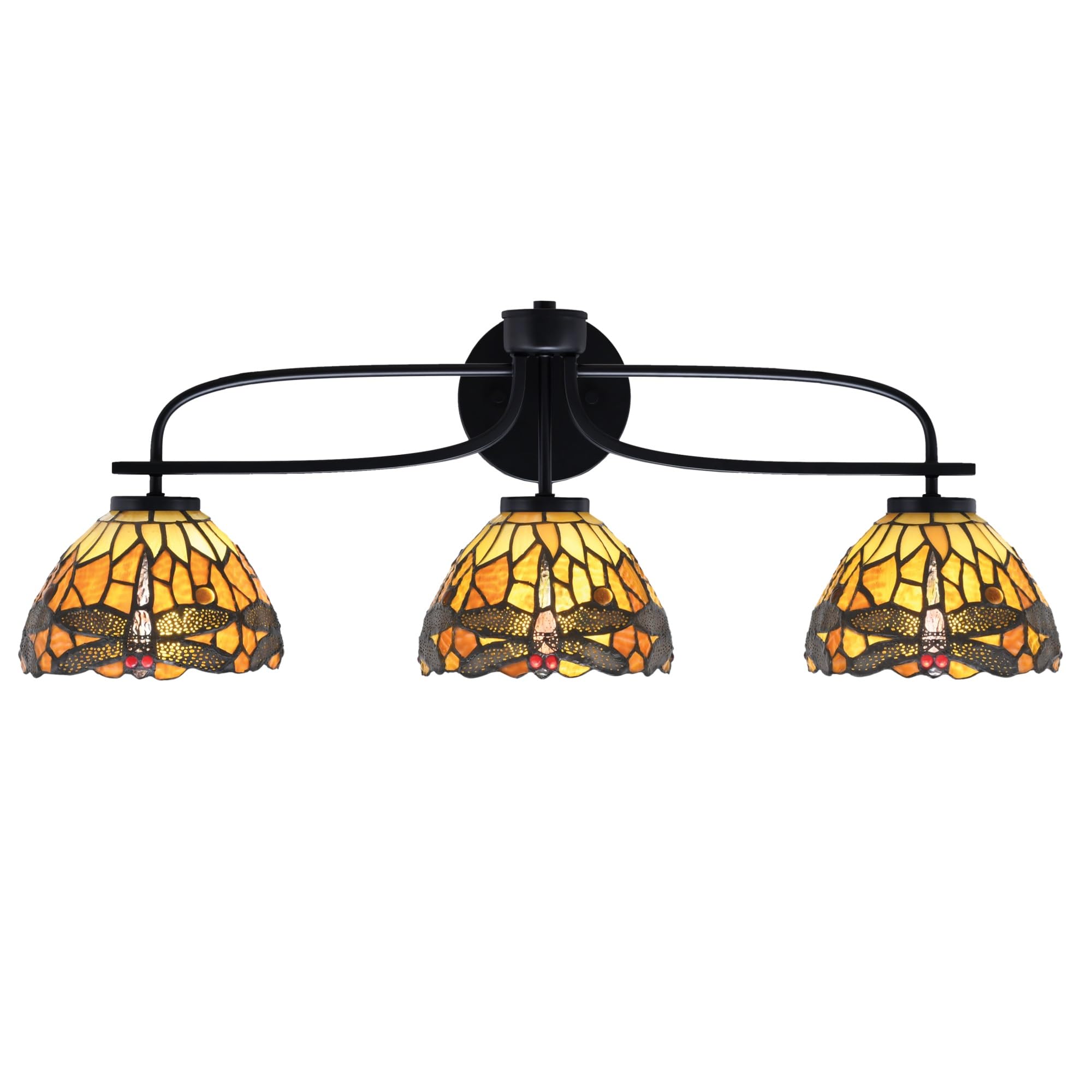 Cavella 3 Light Bath Bar Shown In Matte Black Finish With 7" Amber Dragonfly Art Glass