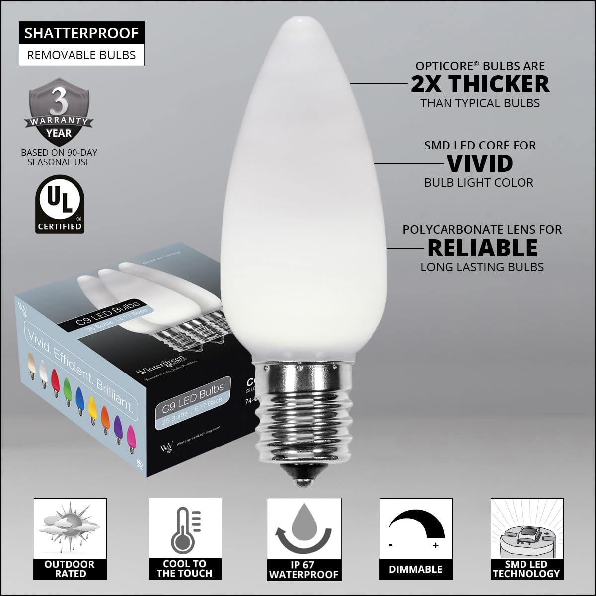 Wintergreen Lighting Opticore C9 Led Christmas Light Bulbs - 25 Pack Heavy Duty enhanced Outdoor Christmas Lights  E17 Base (Cool White Smooth)