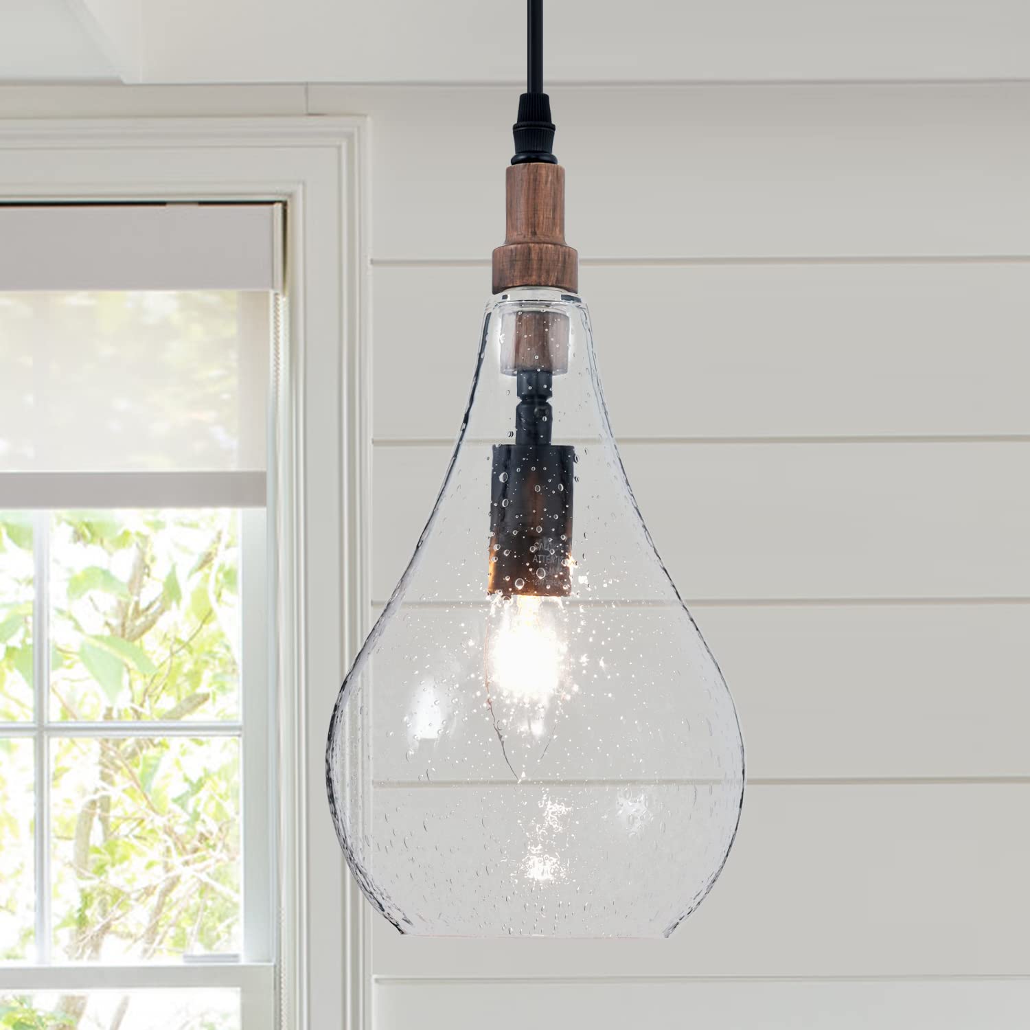 Elyccupa Farmhouse Wood Bubble Seeded Glass Pendant Light Adjustable Industrial Pendant Lighting Fixtures For Kitchen Island Din