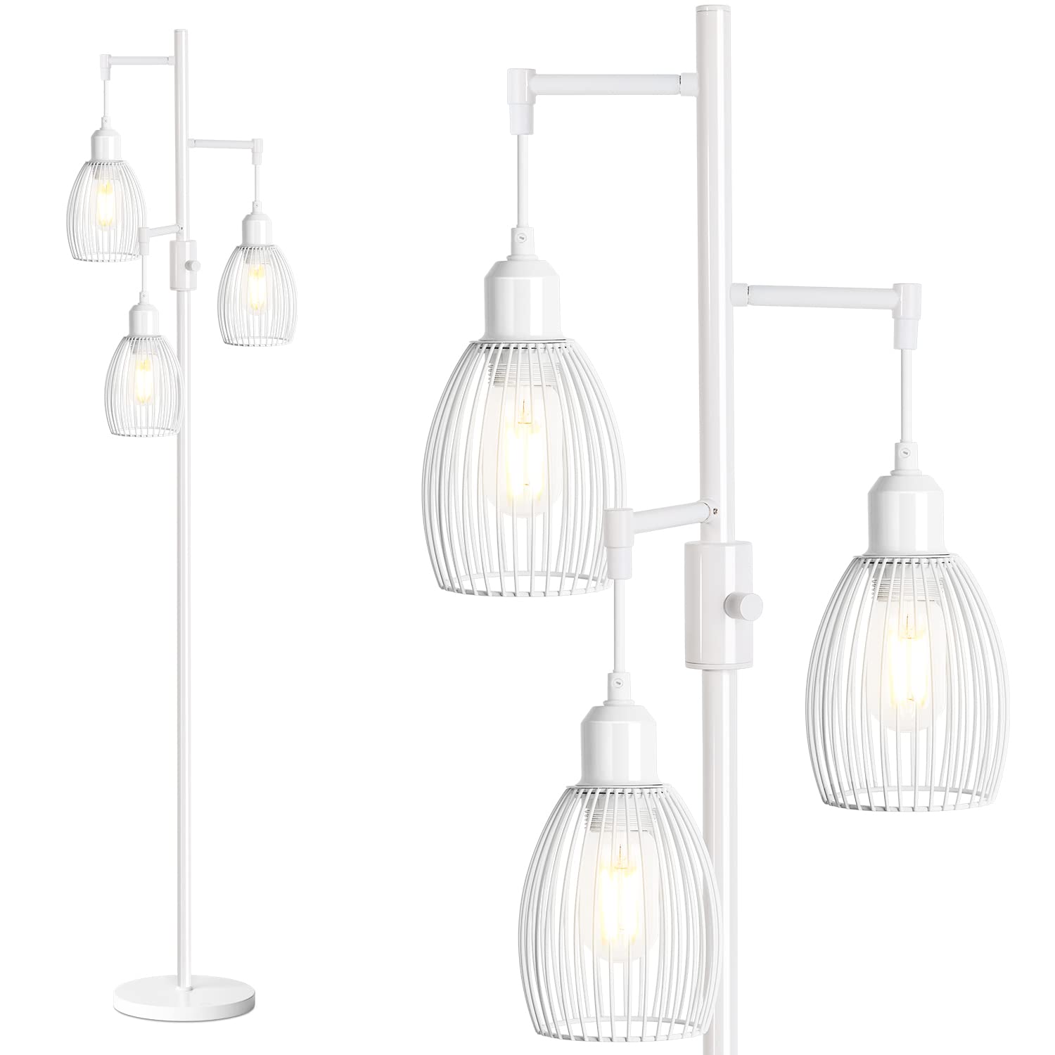 Nintiue Dimmable Floor Lamp with 3 x 800LM LED Edison Bulbs, Metal, White, Model FL1908, Industrial Teardrop Design for Living Room/Bedroom