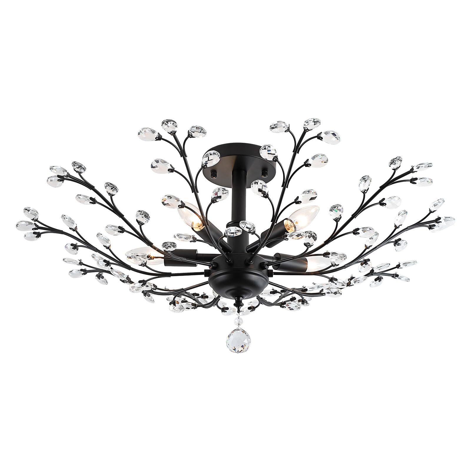 3WWWUEE Modern 5 Light Small Crystal Chandelier 30 Inch Black Semi Flush Mount Ceiling Light Fixture for Kitchen Dining Room Bed