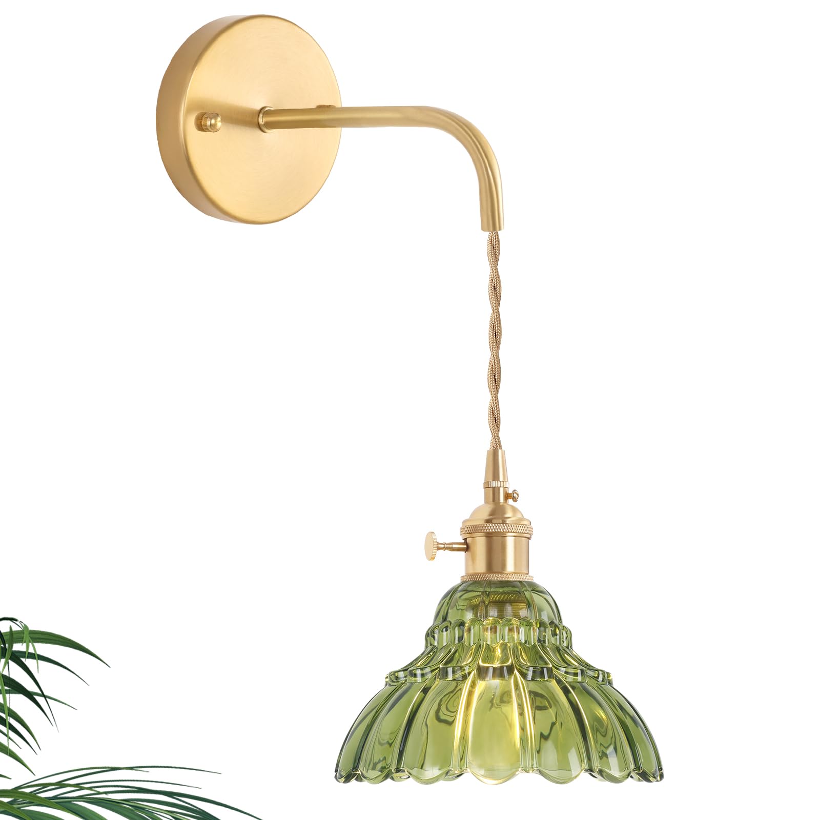 Shenmoyl Vintage Wall Sconce - Brass, Green Lily of the Valley Glass Shade, Hardwired, Model 1-9492