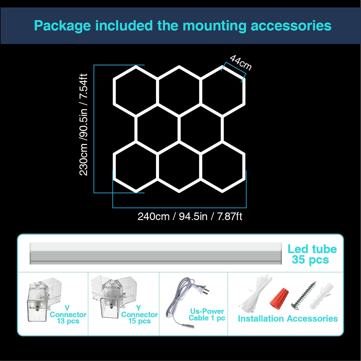 Cezelux Hexagon Led Garage Light,8 Honeycomb 35Packs Tubes 6500K 280W 2.4X2.3M, Hex Ceiling Light For Gym Basement Warehouse Auto Beauty Shop Car Detailing Lighting (Hexagon-8)
