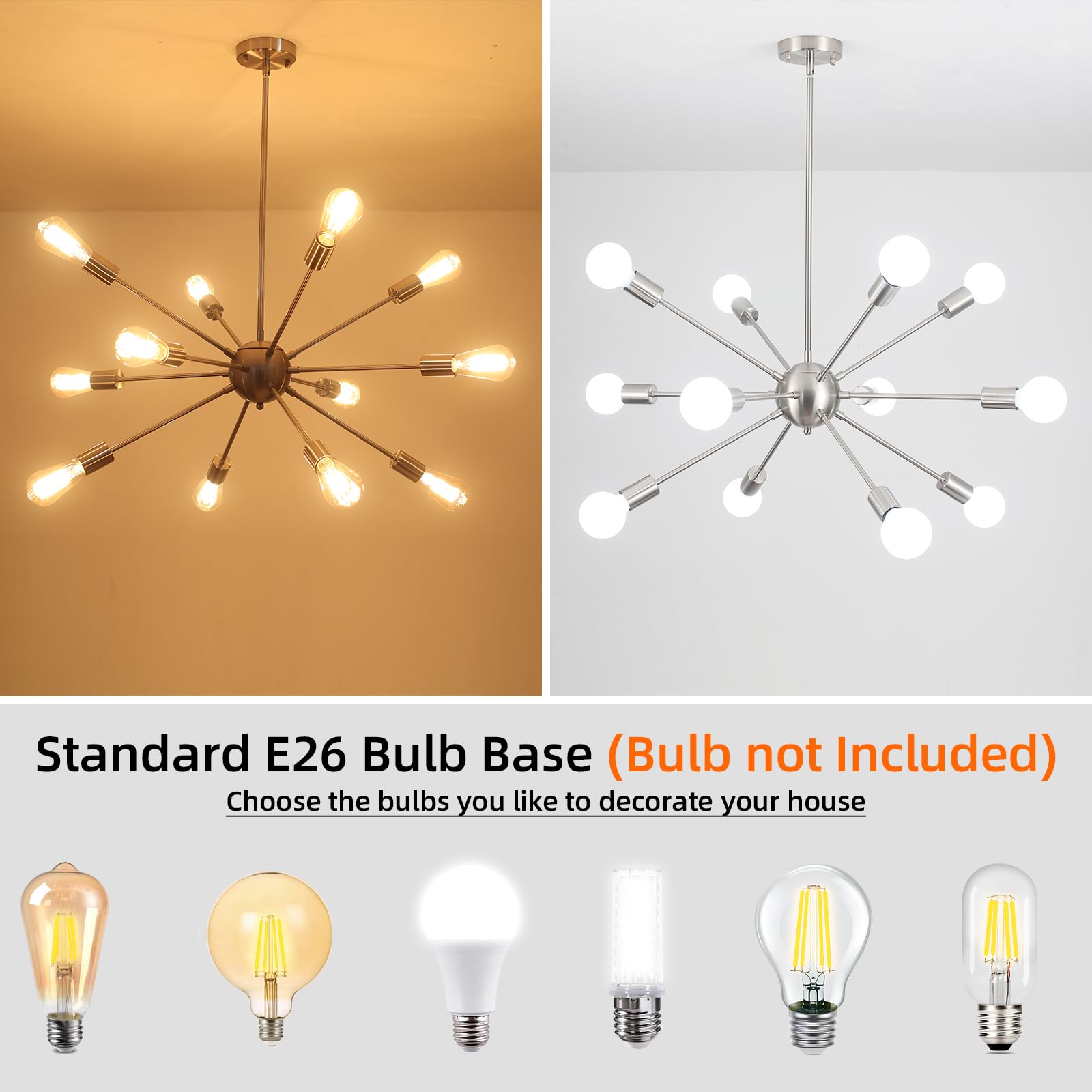 LXWNYY Modern 12-Light Brushed Nickel Sputnik Chandelier, Adjustable Height, Metal Fixture for Dining Room, Living Room, Kitchen, Bedroom