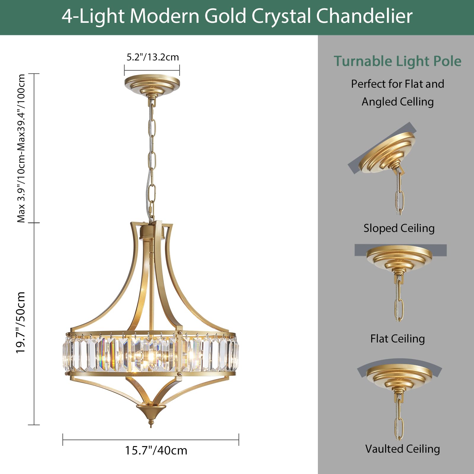 Avzkcy Modern Gold Chandelier, Crystal Pendant Lighting Fixtures, 15.7 Inches Height Adjustable Metal Shade Ceiling Light Suitab