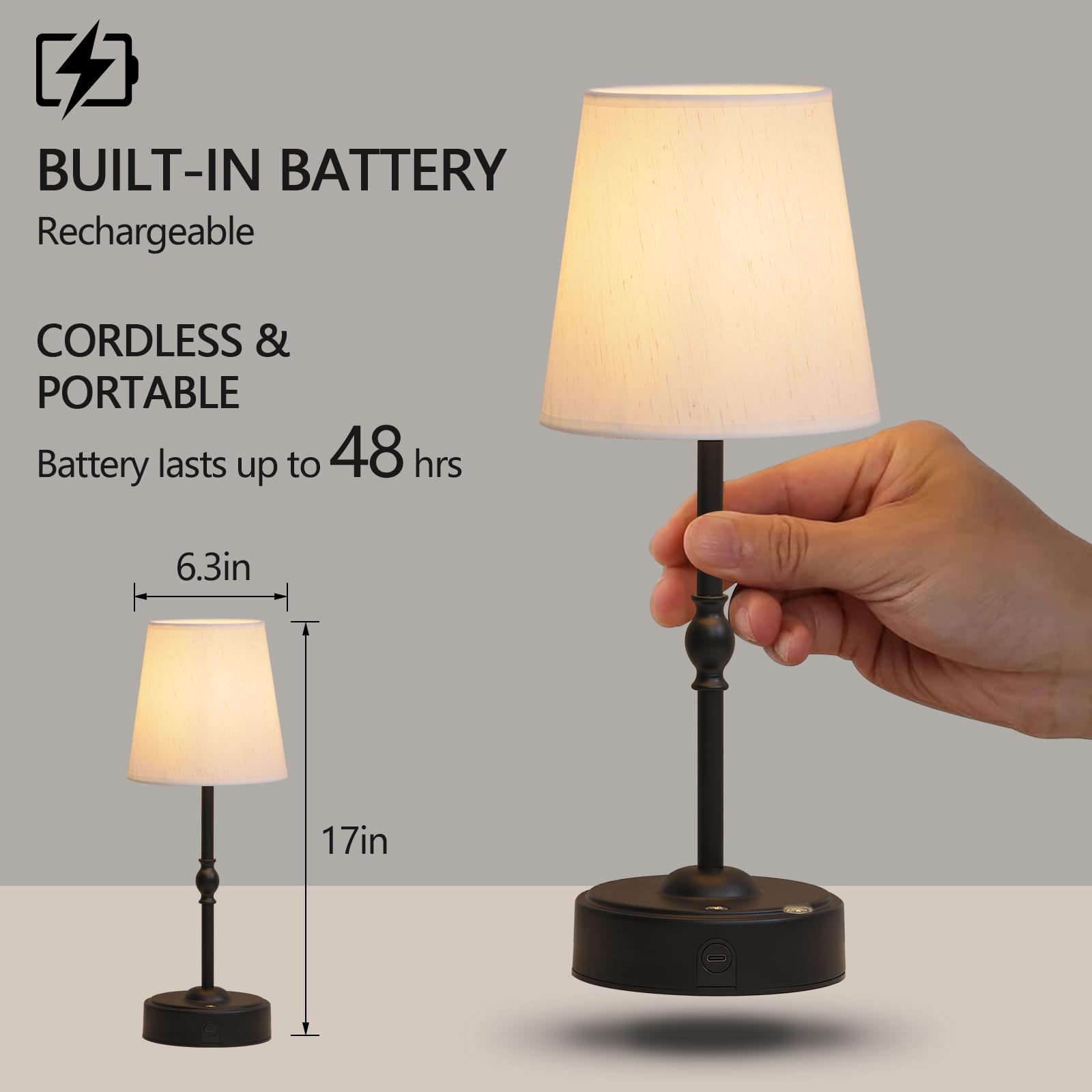 Meixisue Portables Cordless Led Table Lamp With Dimmer,Black Outdoor Desk Lamp10000Mah Wireless Rechargeable Battery Nightstand