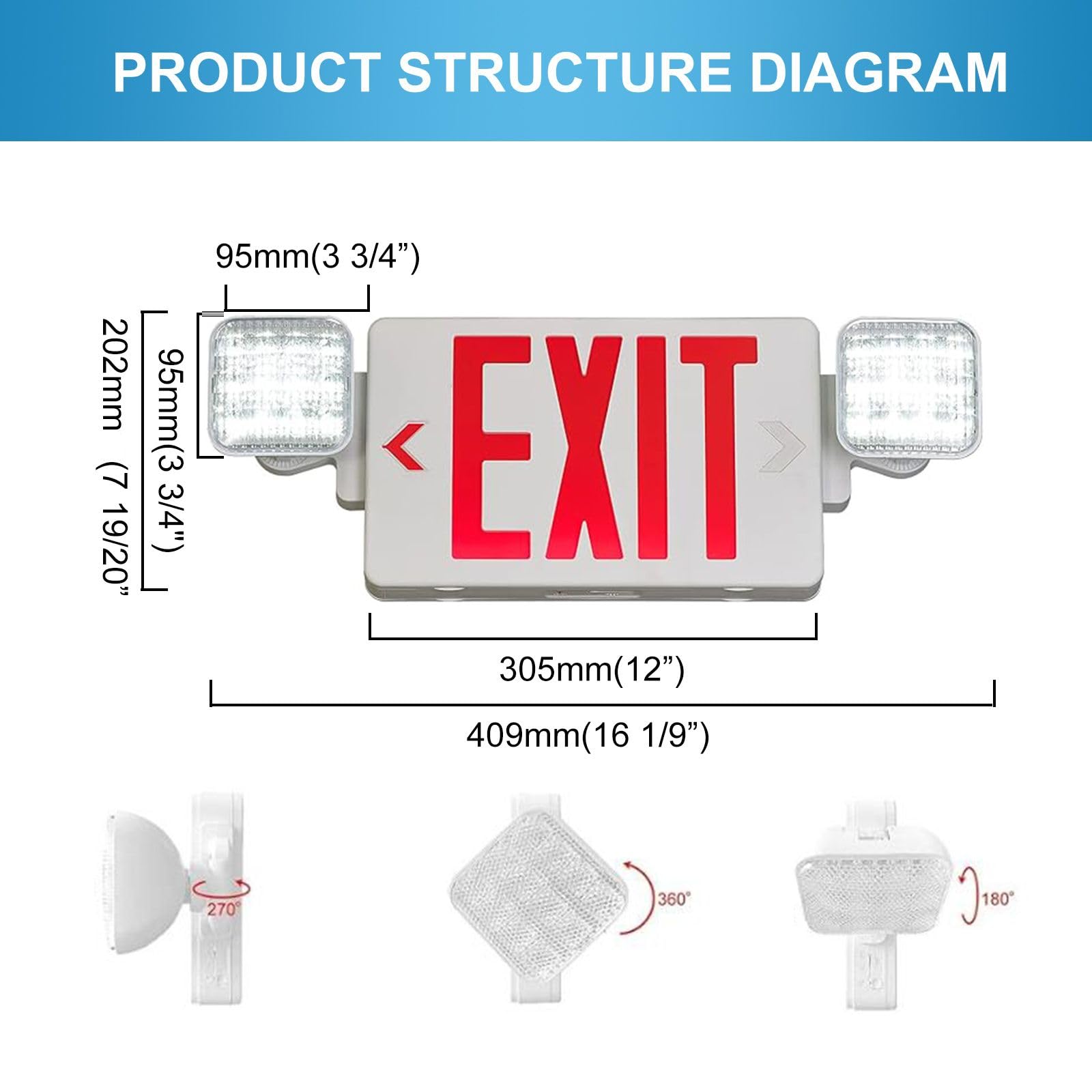 Double Sided Led Emergency Exit Sign, Remote Capable, Two Led Flood Lights, Backup Battery, Us Standard Red Letter Emergency Exit Lighting, Commercial Grade, 120-277V, Fireresistant(Ul 94V-0) (6 Pack)