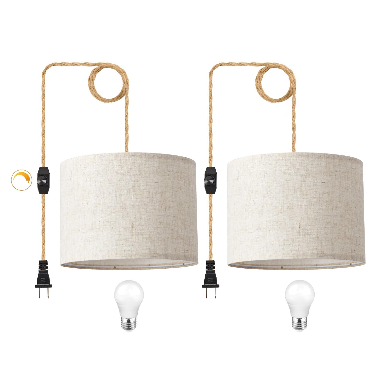 Kuaugst Dimmable Plug-In Pendant Light, Beige Linen Shade, 15Ft Hemp Rope, 2 Pack
