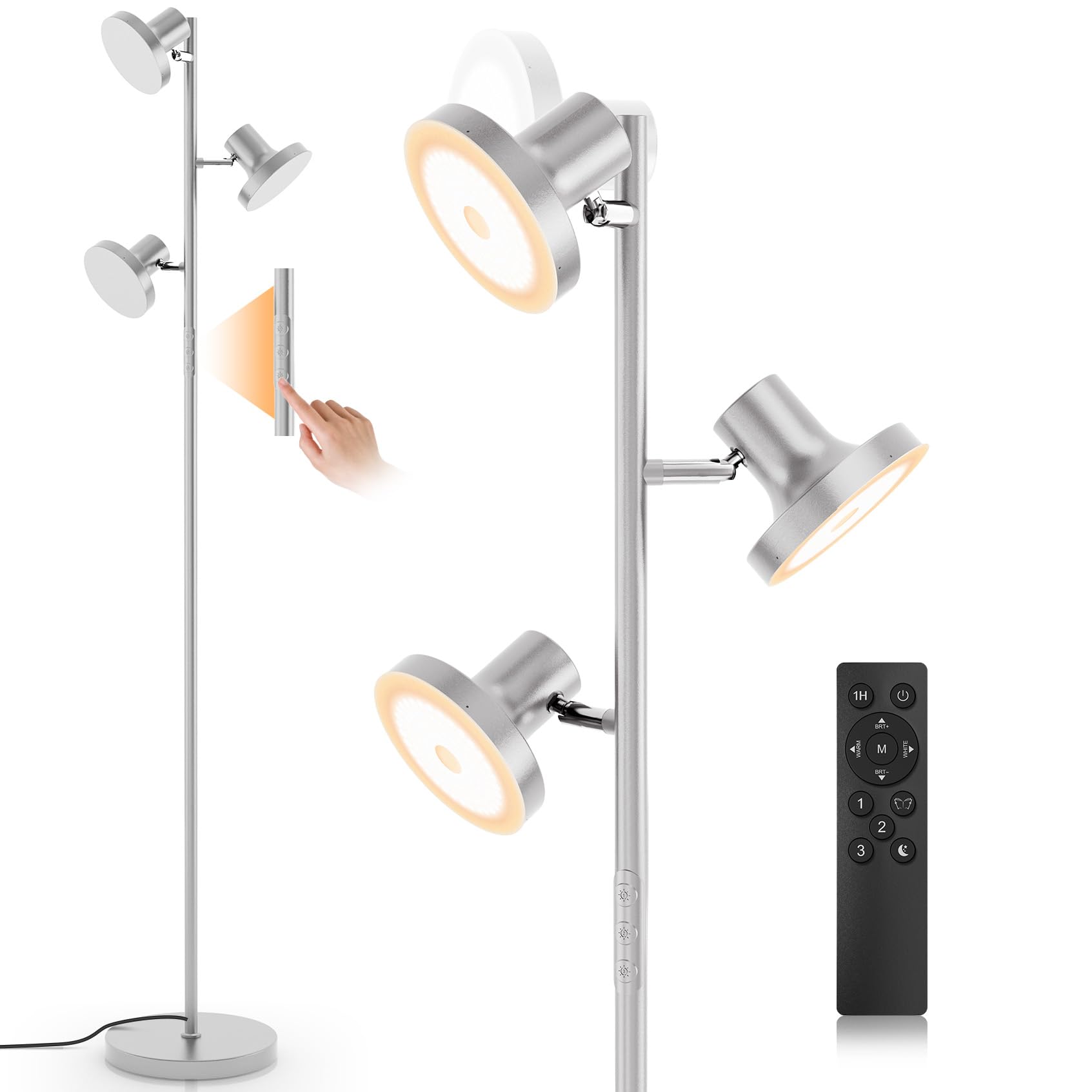 SIBRILLE 36W LED Tree Floor Lamp, Dimmable with Remote & Touch Control, 4 Color Temperatures, Silver, Model FLH-036-F1