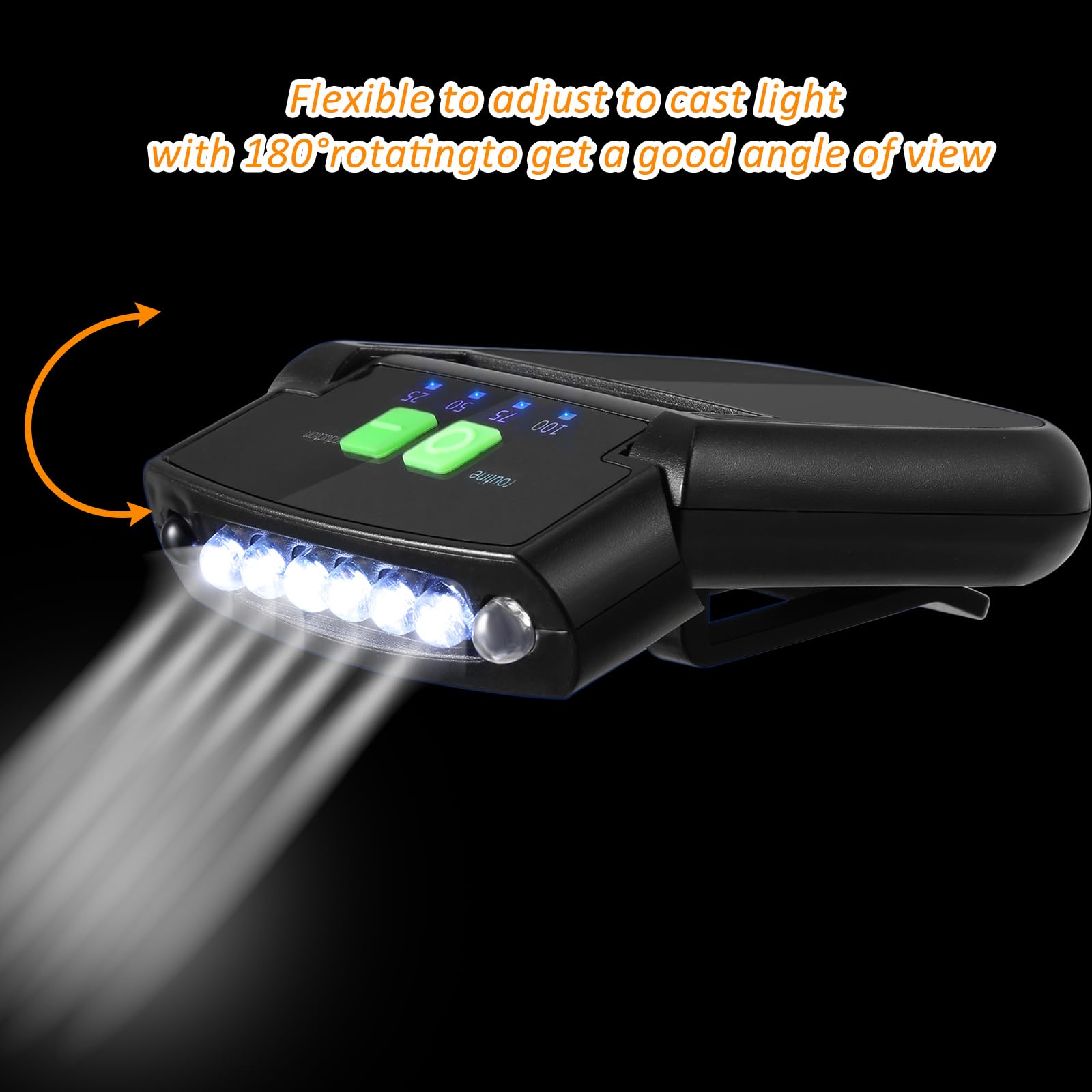 Mudder LED Clip-on Cap Lights, USB Rechargeable, Waterproof, Black, Model Mudder-QWE846, Ultra Bright Hat Flashlight for Fishing & Camping