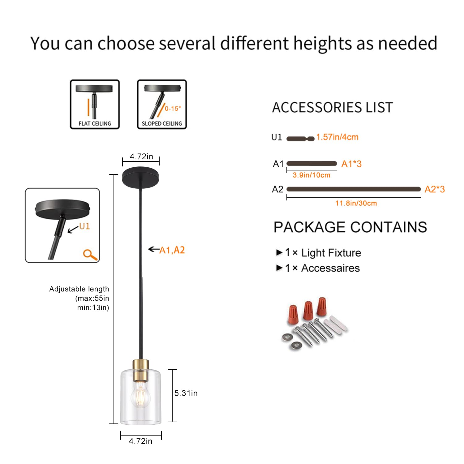 KLSS Black Brass Pendant Lights - Clear Glass Fixture, 12in & 4in Rods, 3 Units, Model HJBLDD1P001