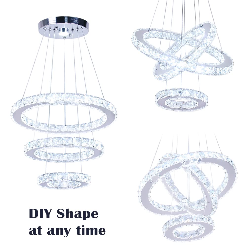 diisunbihuo LED Chandelier Pendant Light 3 Rings Adjustable Stainless Steel 20/30/40 Cool White Model 43238-149827