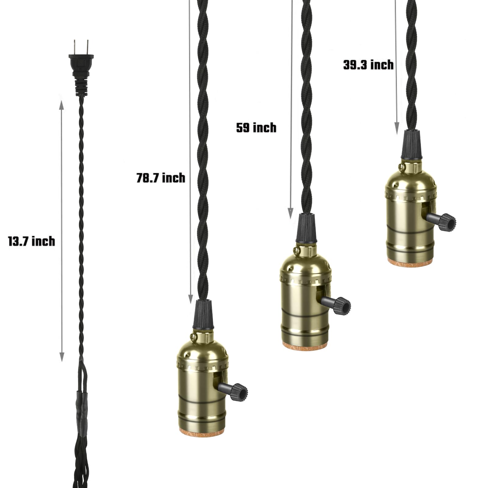 Vintage Plug In Pendant Light Sockets, Triple Hanging Lights With Plug In Cord Kit, 15.9 Ft E26/E27 Solid Industrial Light Fixtu
